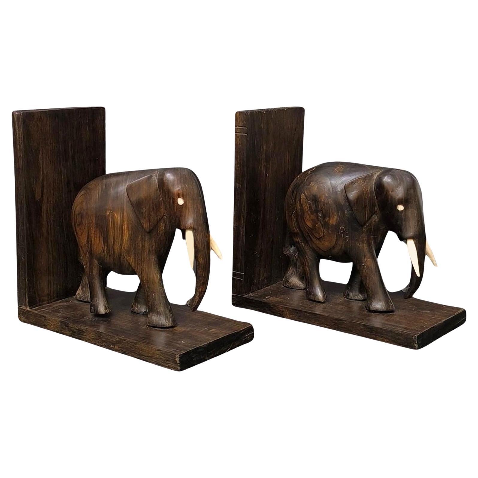 Pair of Hard Wood Elephant Bookends, Anglo Indian, Hand Carved For Sale
