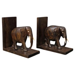 Vintage Pair of Hard Wood Elephant Bookends, Anglo Indian, Hand Carved