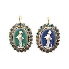 Pair of Hardstone Cameo, Blue Topaz and Gold Earrings