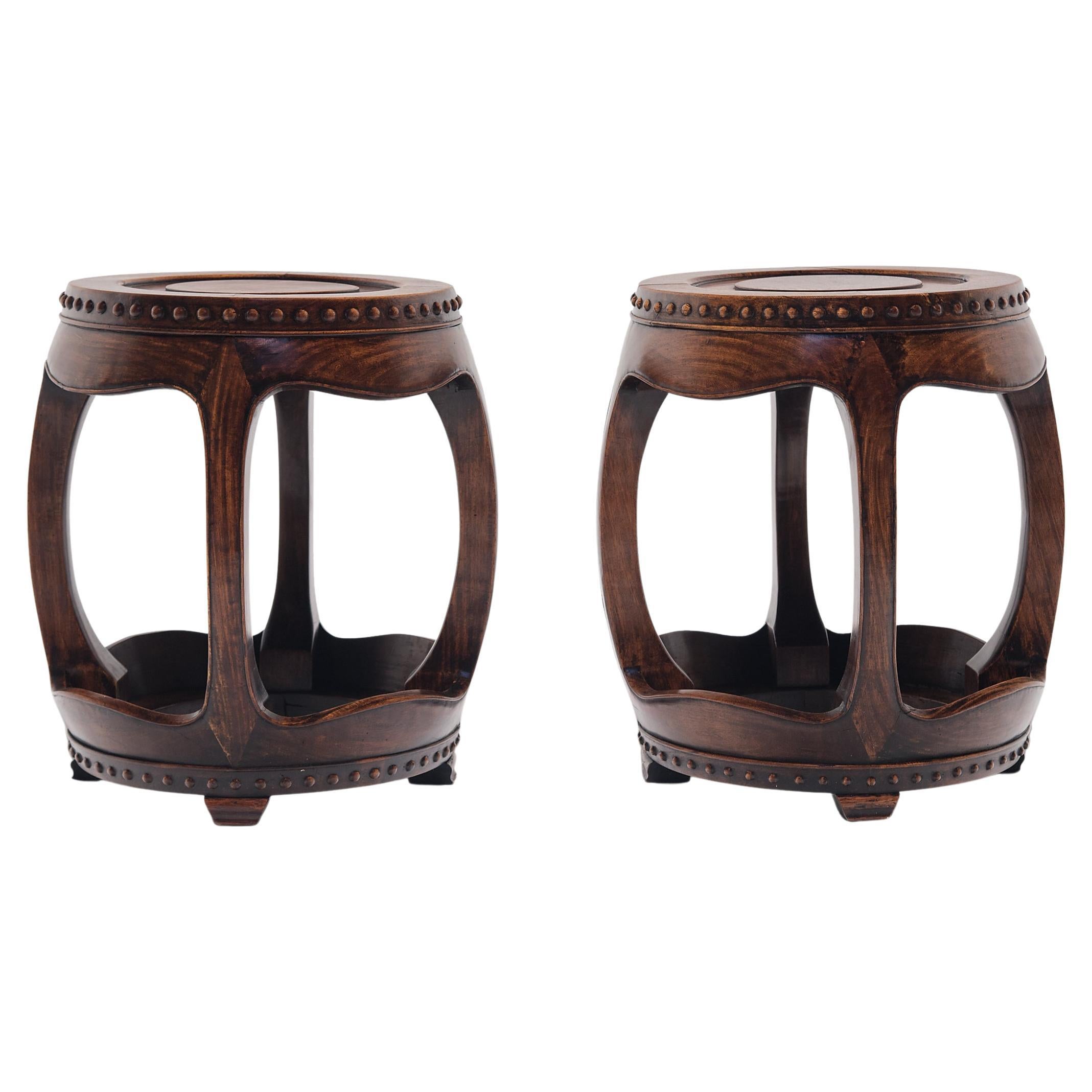 Pair of Elegant Chinese Hardwood Drum Stools, C. 1850