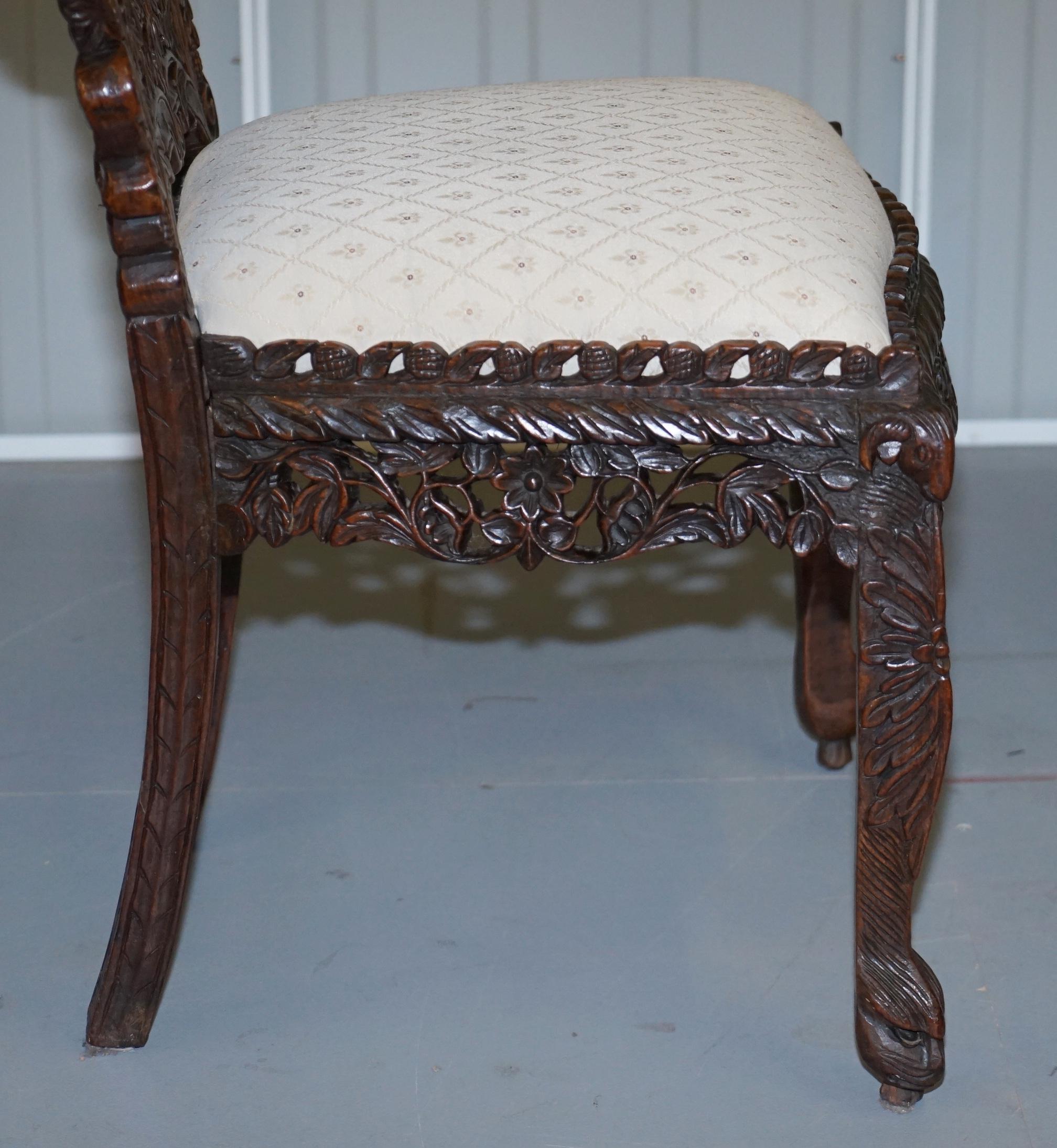Pair of Hardwood Hand Carved Anglo Indian Burmese Chairs with Floral Detailing 2