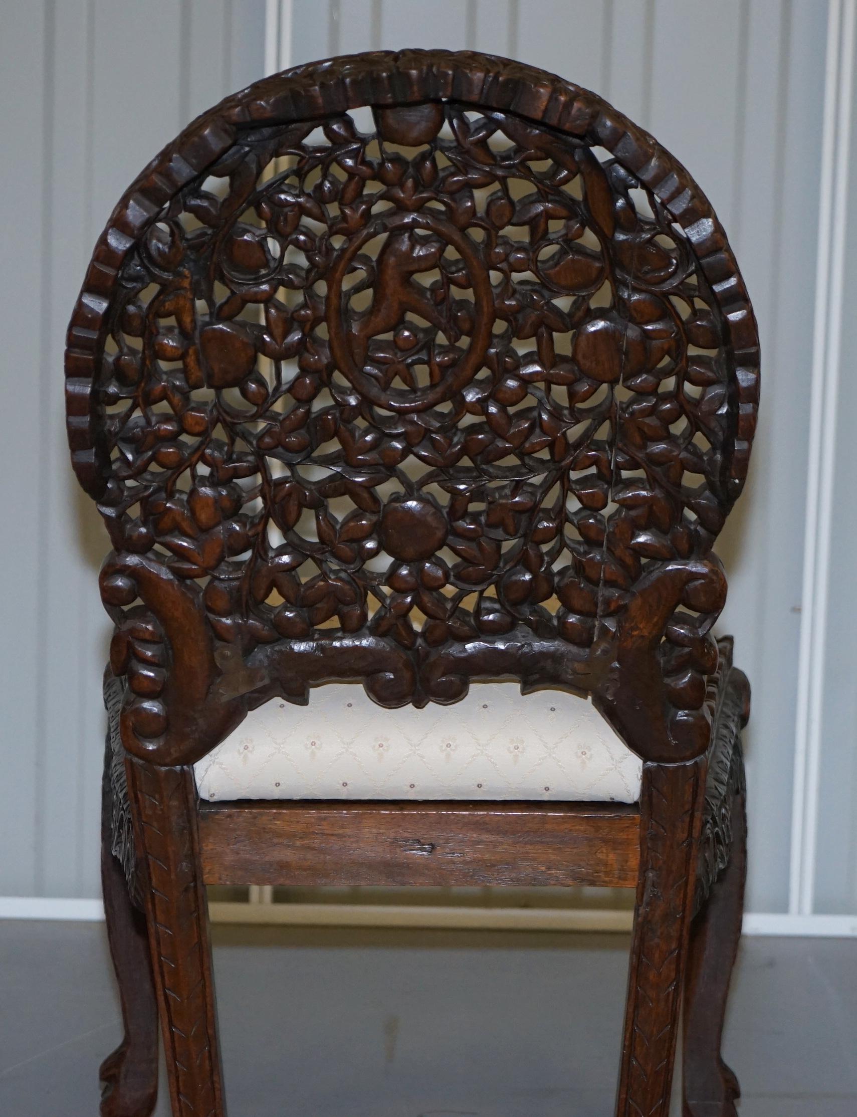 Pair of Hardwood Hand Carved Anglo Indian Burmese Chairs with Floral Detailing 3