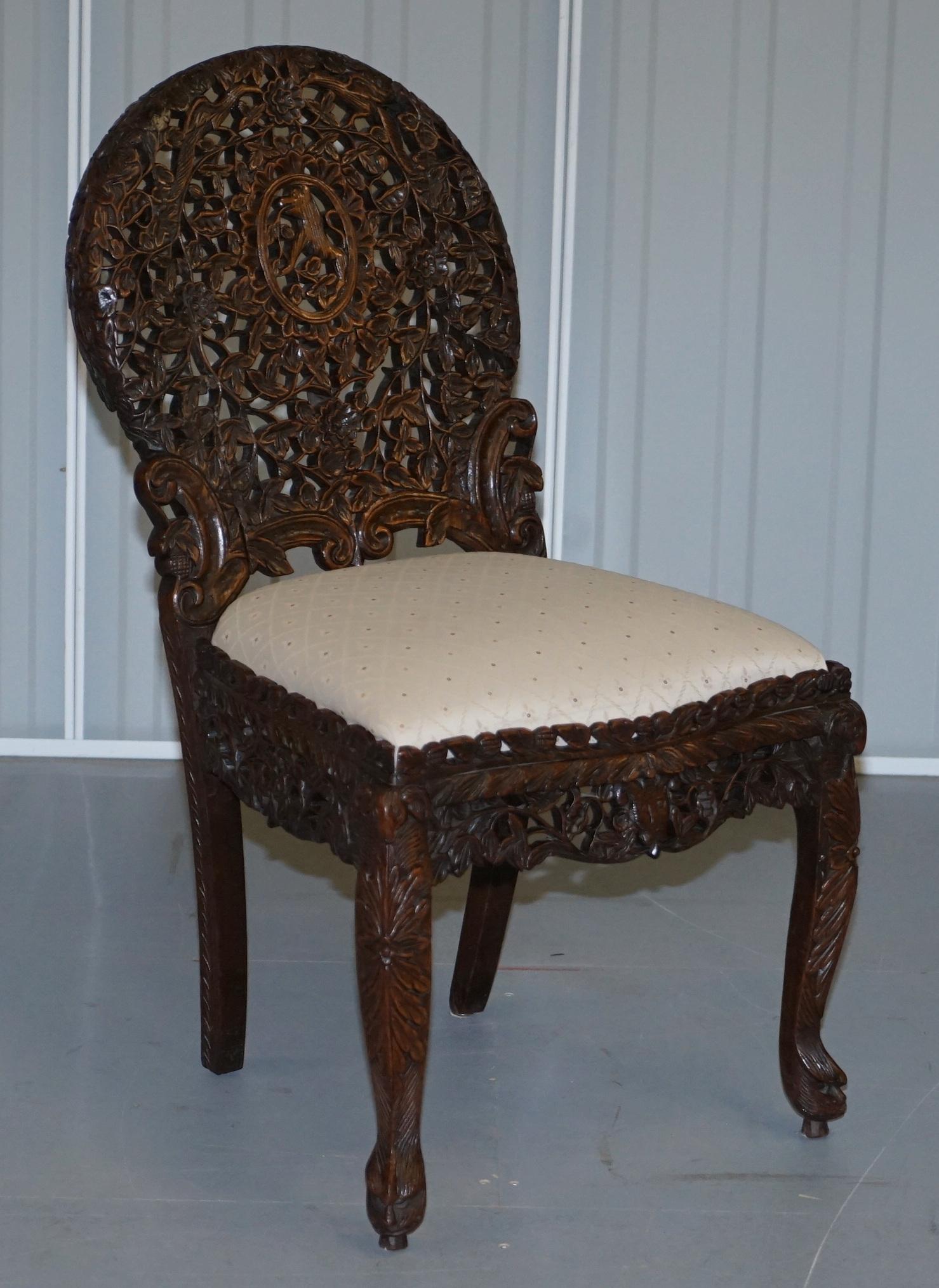 Pair of Hardwood Hand Carved Anglo Indian Burmese Chairs with Floral Detailing 4