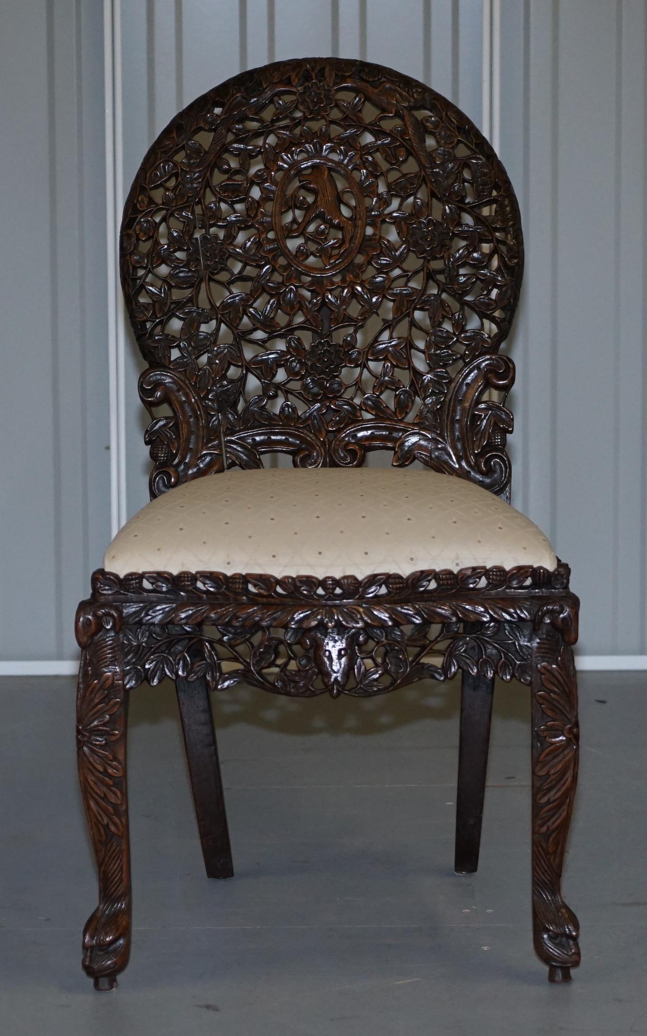 Pair of Hardwood Hand Carved Anglo Indian Burmese Chairs with Floral Detailing 5