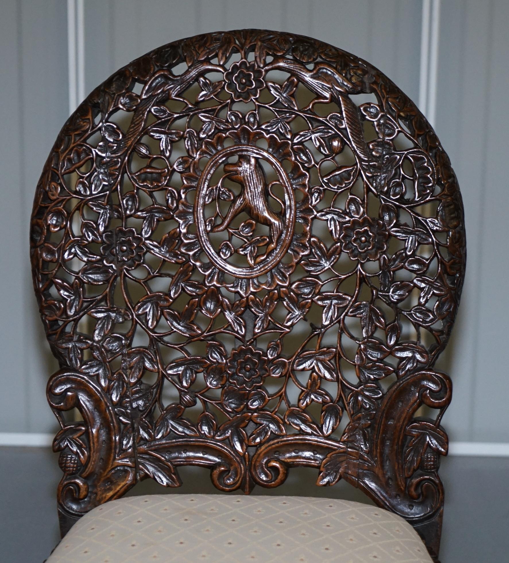 Pair of Hardwood Hand Carved Anglo Indian Burmese Chairs with Floral Detailing 6