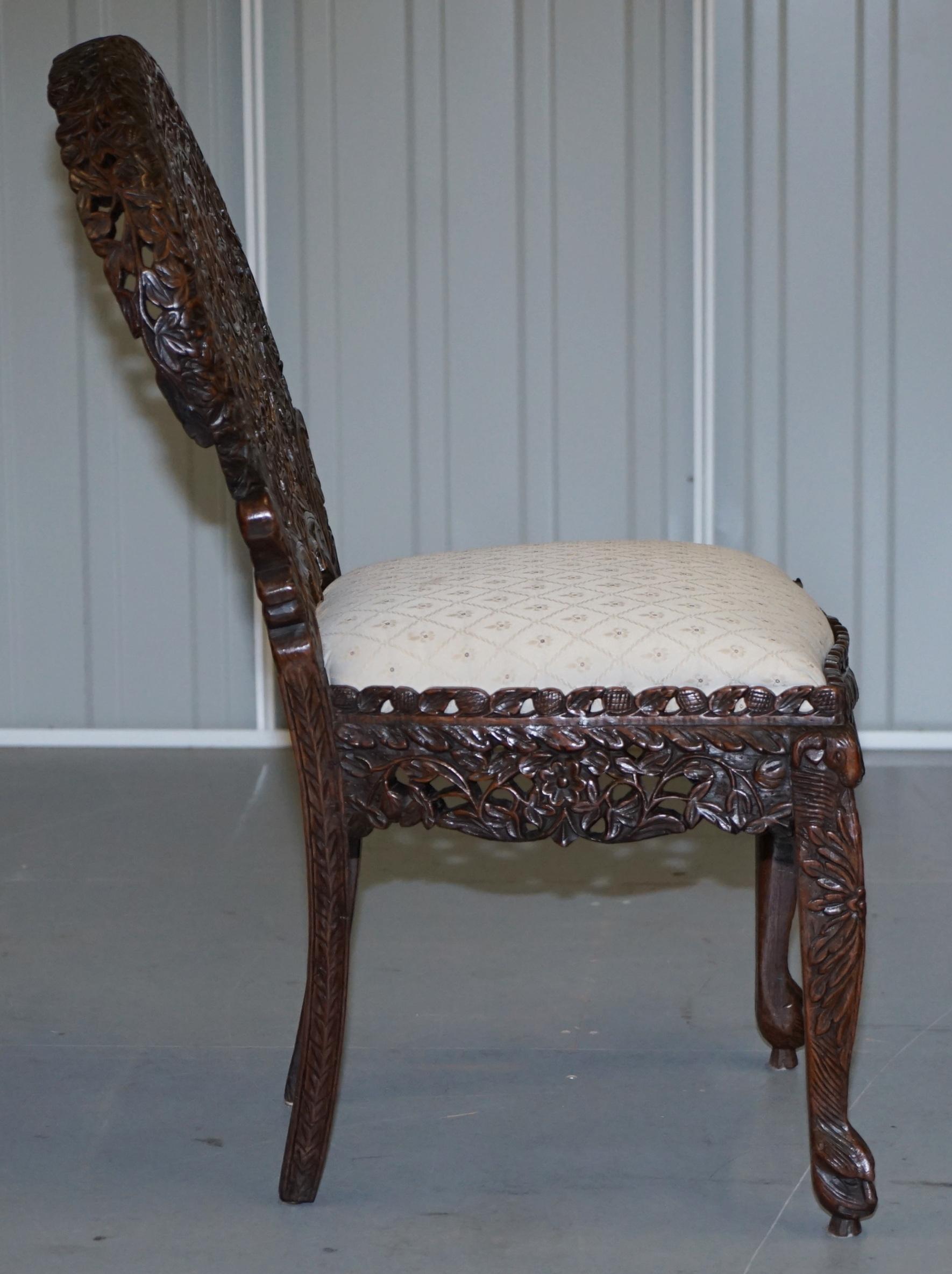 Pair of Hardwood Hand Carved Anglo Indian Burmese Chairs with Floral Detailing 8