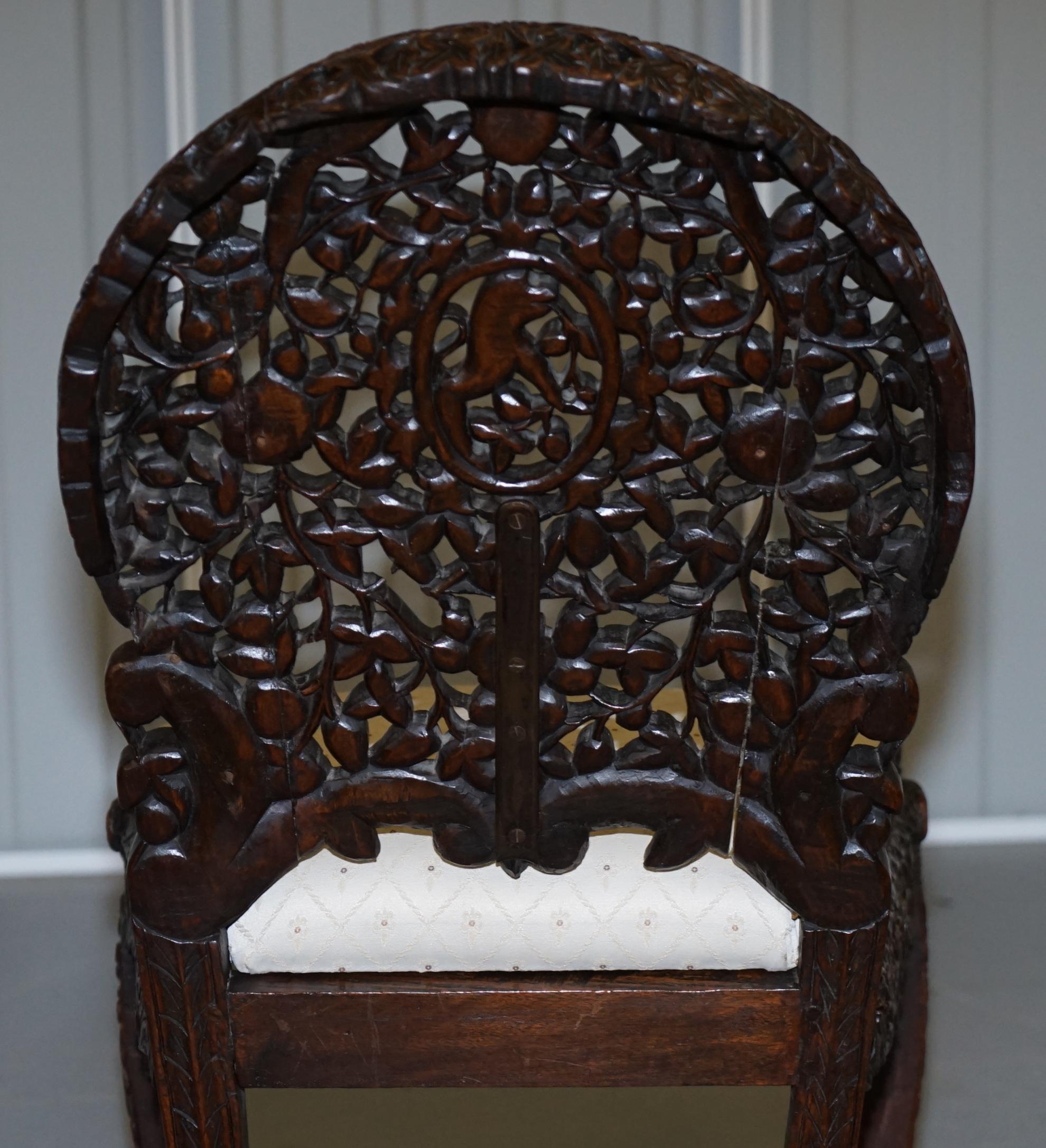 Pair of Hardwood Hand Carved Anglo Indian Burmese Chairs with Floral Detailing 10