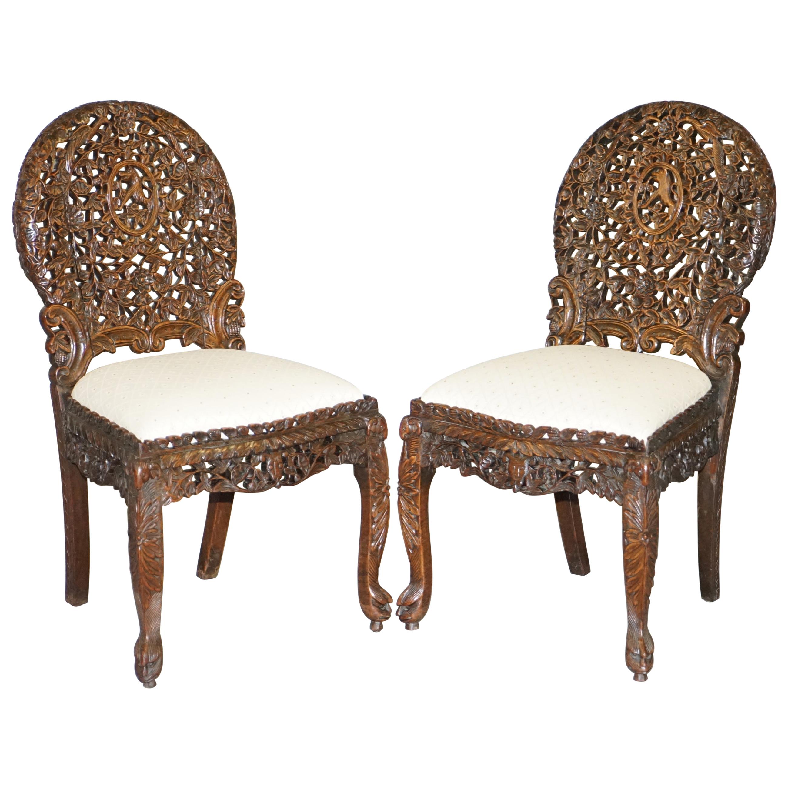Pair of Hardwood Hand Carved Anglo Indian Burmese Chairs with Floral Detailing