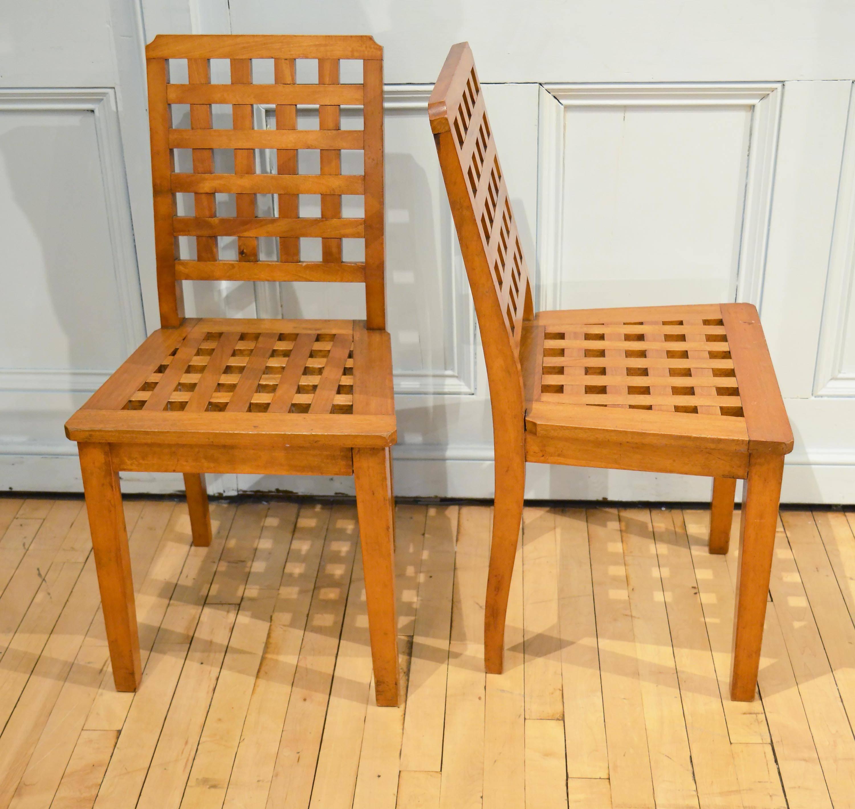 English Pair of Satinwood Lattice Design Side Chairs