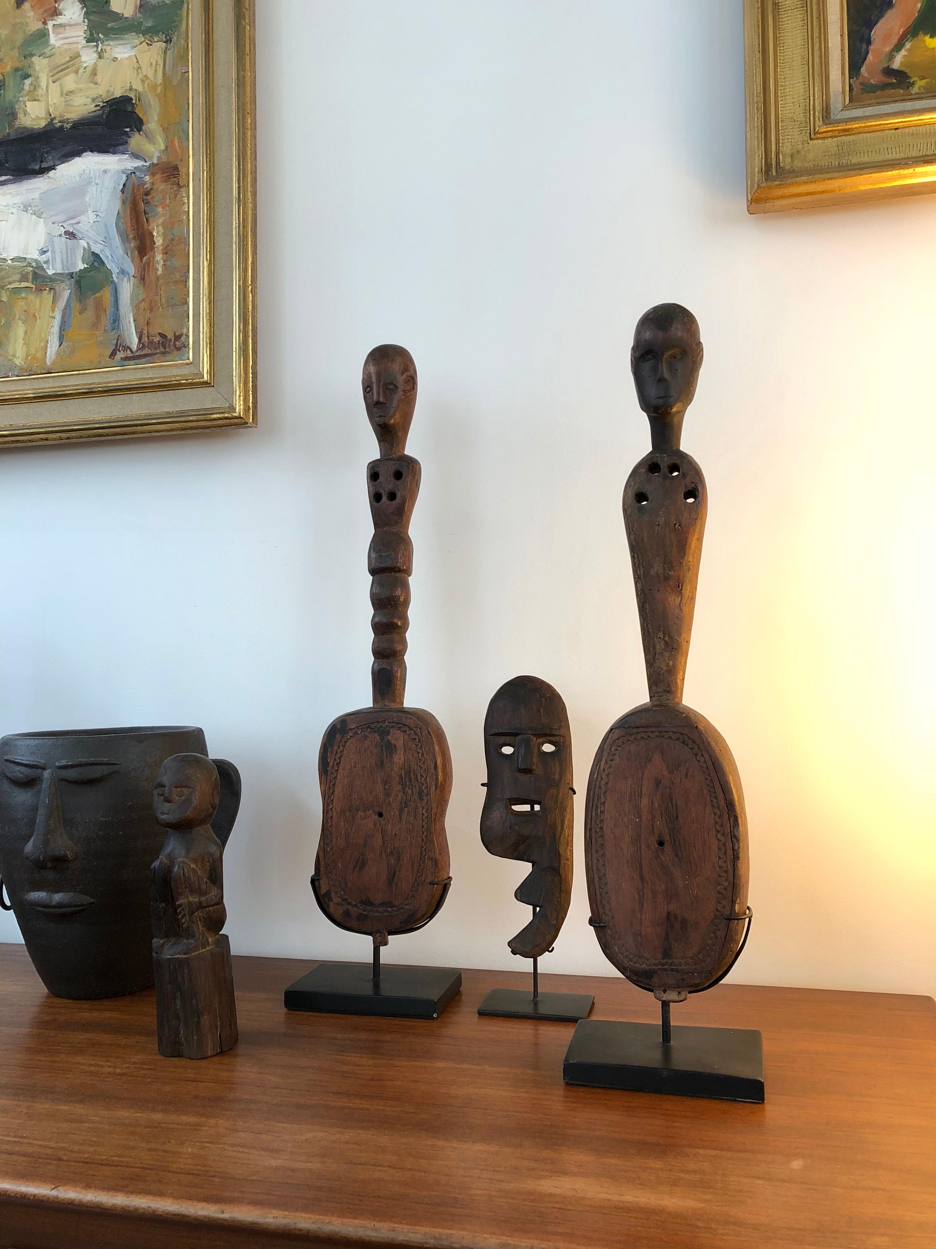 Tribal Pair of Hardwood Sumbanese Lutes with Anthropomorphic Figures, 20th Century