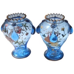 Pair of Harrach Blue Chinoiserie Enameled Vases