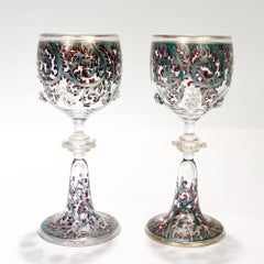 Pair of Harrach Bohemian Vine Scrollwork Glass Wine Hocks or Goblets