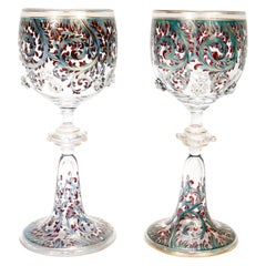 Pair of Harrach Bohemian Vine Scrollwork Glass Wine Hocks or Goblets