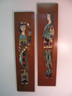 Pair of Harris Strong Mid-Century Modern Figural Art Tile Ceramic Plaques