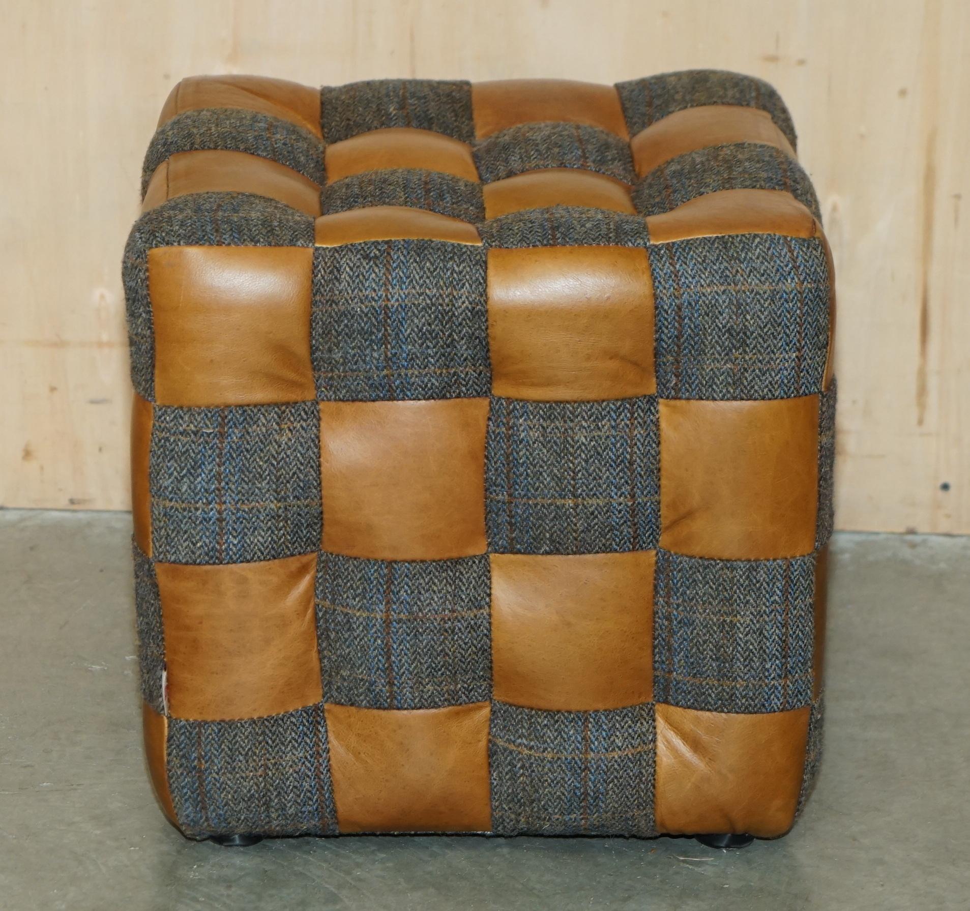 PAIR OF HARRIS TWEED BROWN LEATHER FOOTSTOOLS OR SiDE TABLES PART OF LARGE SUITE For Sale 2