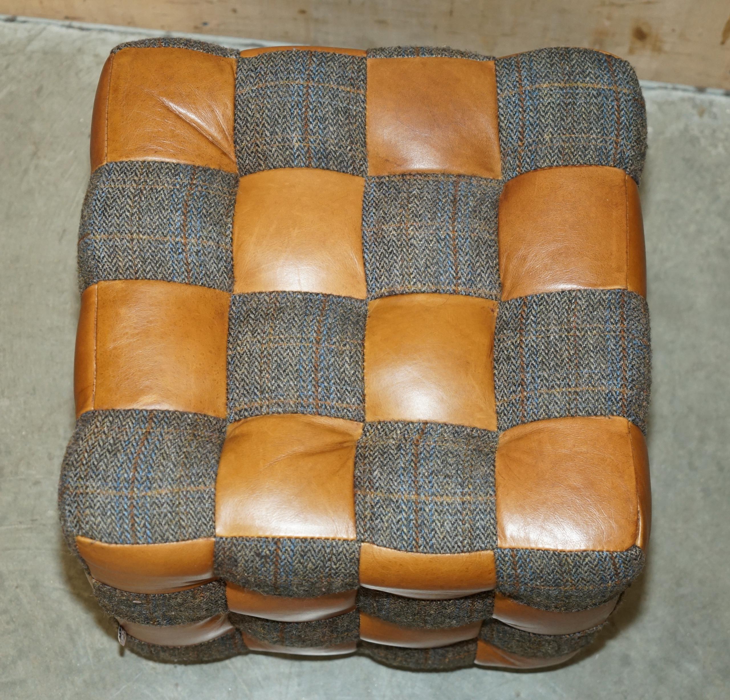 PAIR OF HARRIS TWEED BROWN LEATHER FOOTSTOOLS OR SiDE TABLES PART OF LARGE SUITE For Sale 3