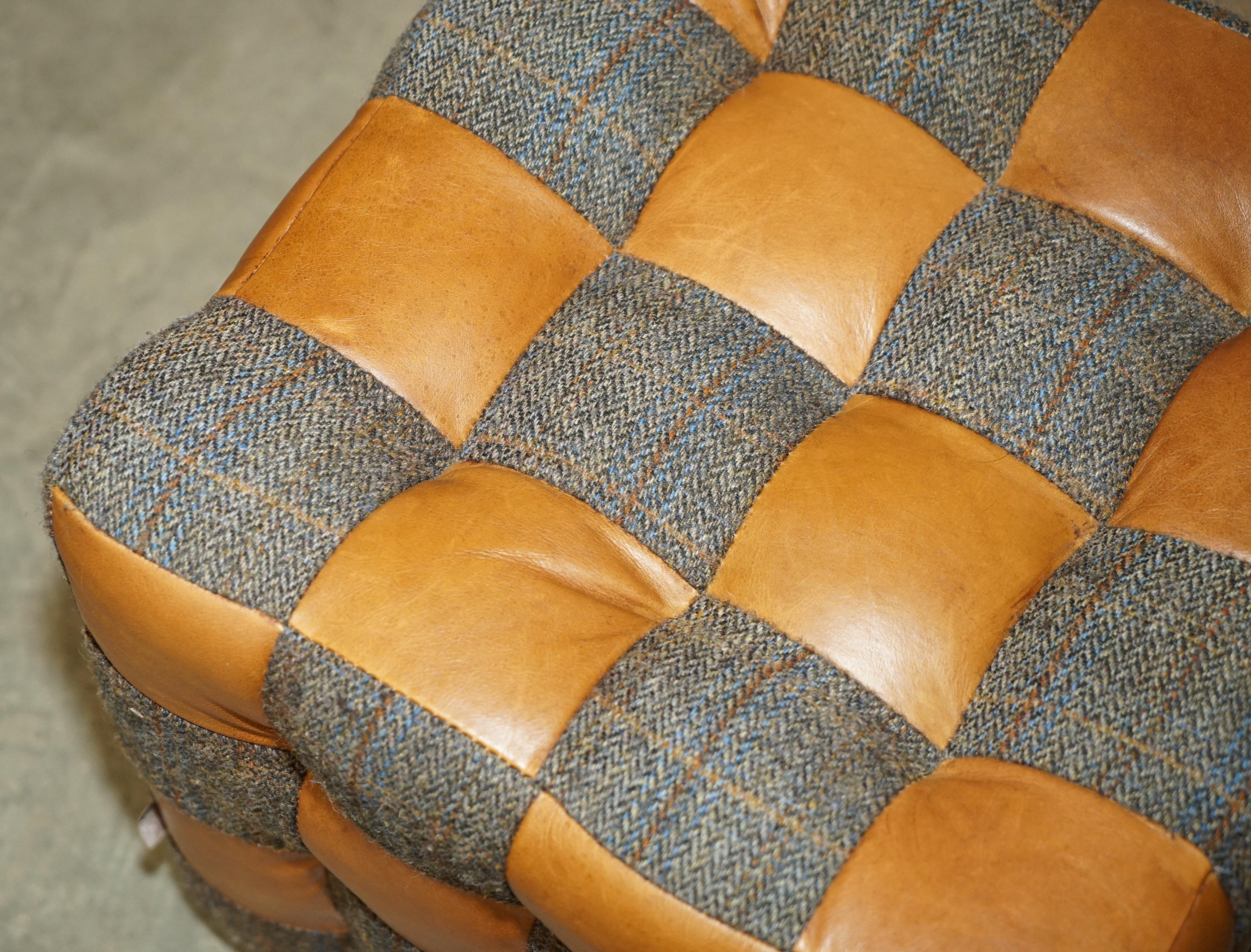 PAIR OF HARRIS TWEED BROWN LEATHER FOOTSTOOLS OR SiDE TABLES PART OF LARGE SUITE For Sale 4