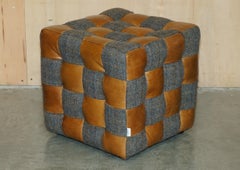 PAIR OF HARRIS TWEED BROWN LEATHER FOOTSTOOLS OR SiDE TABLES PART OF LARGE SUITE