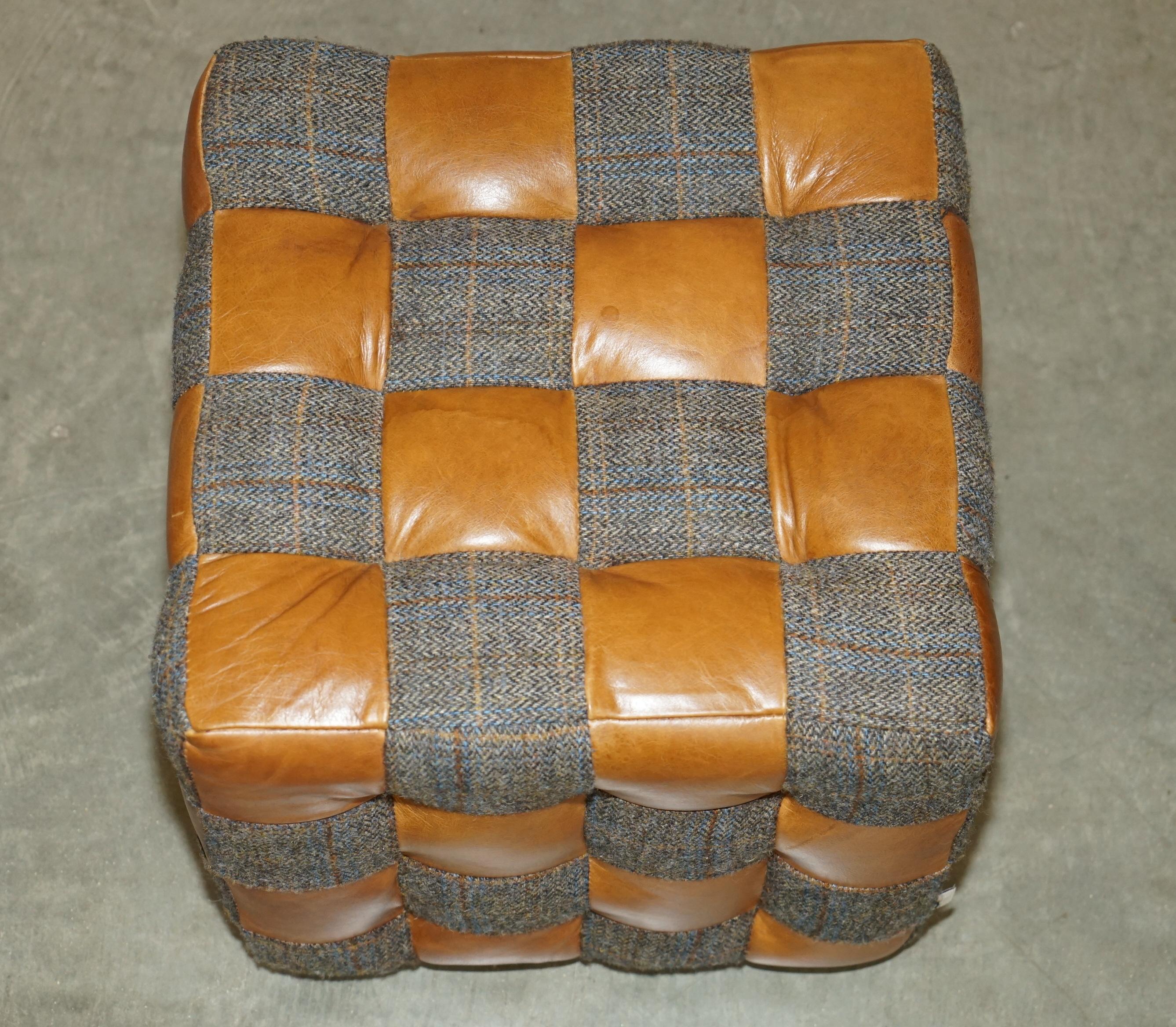 Chesterfield PAIR OF HARRIS TWEED BROWN LEATHER FOOTSTOOLS OR SiDE TABLES PART OF LARGE SUITE For Sale