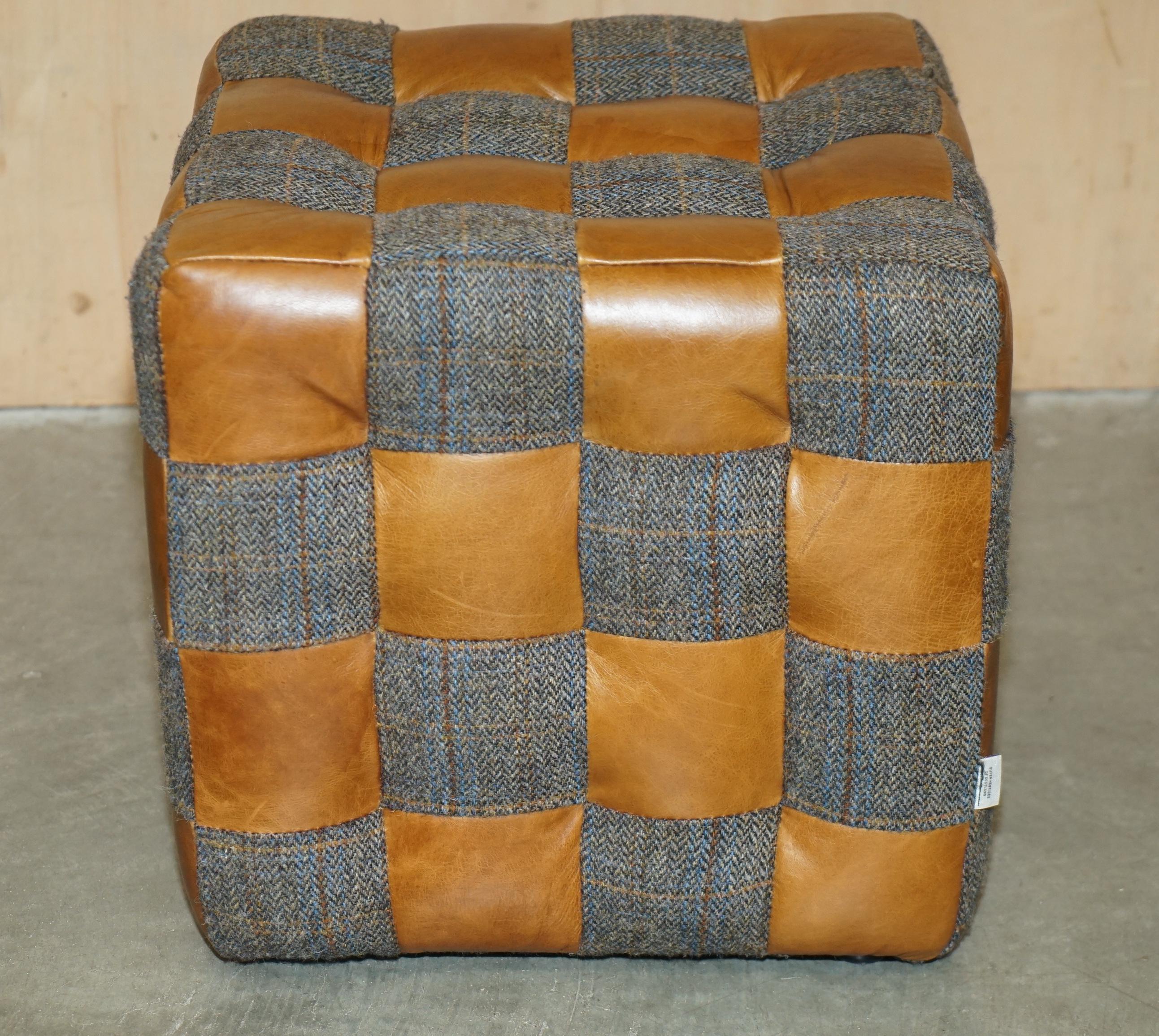 English PAIR OF HARRIS TWEED BROWN LEATHER FOOTSTOOLS OR SiDE TABLES PART OF LARGE SUITE For Sale