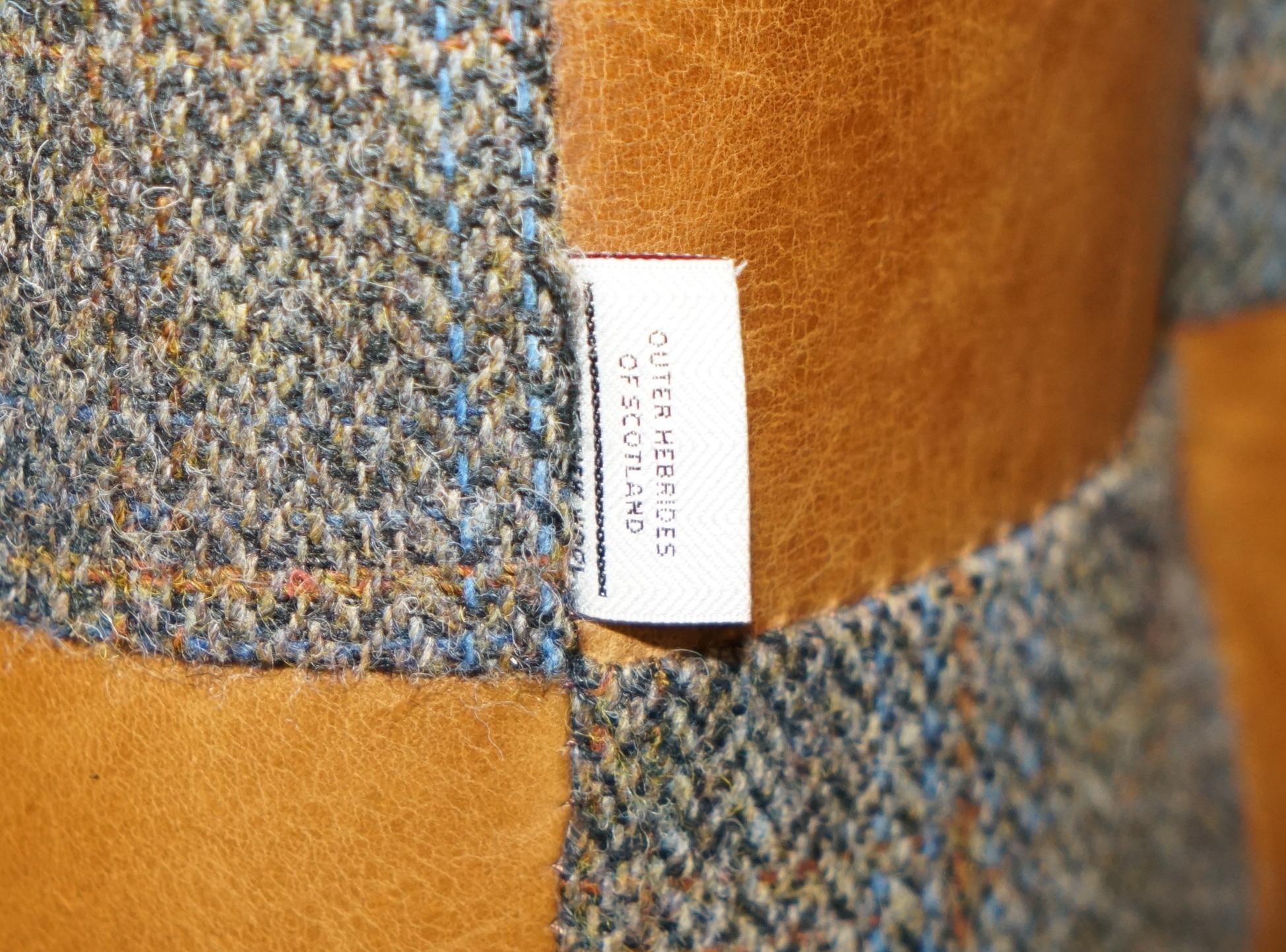 Hand-Crafted PAIR OF HARRIS TWEED BROWN LEATHER FOOTSTOOLS OR SiDE TABLES PART OF LARGE SUITE For Sale