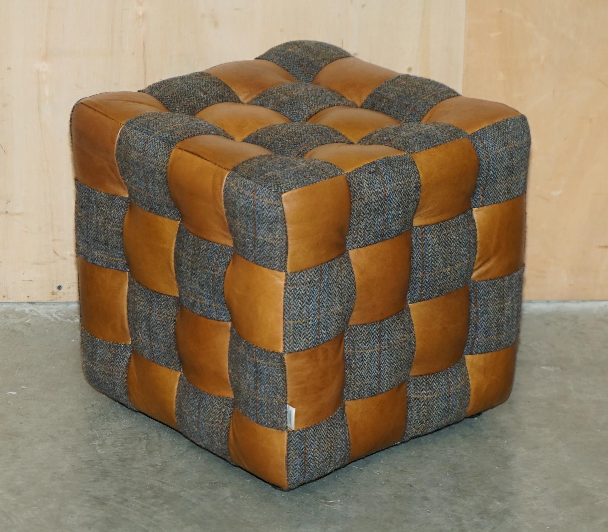PAIR OF HARRIS TWEED BROWN LEATHER FOOTSTOOLS OR SiDE TABLES PART OF LARGE SUITE For Sale 1
