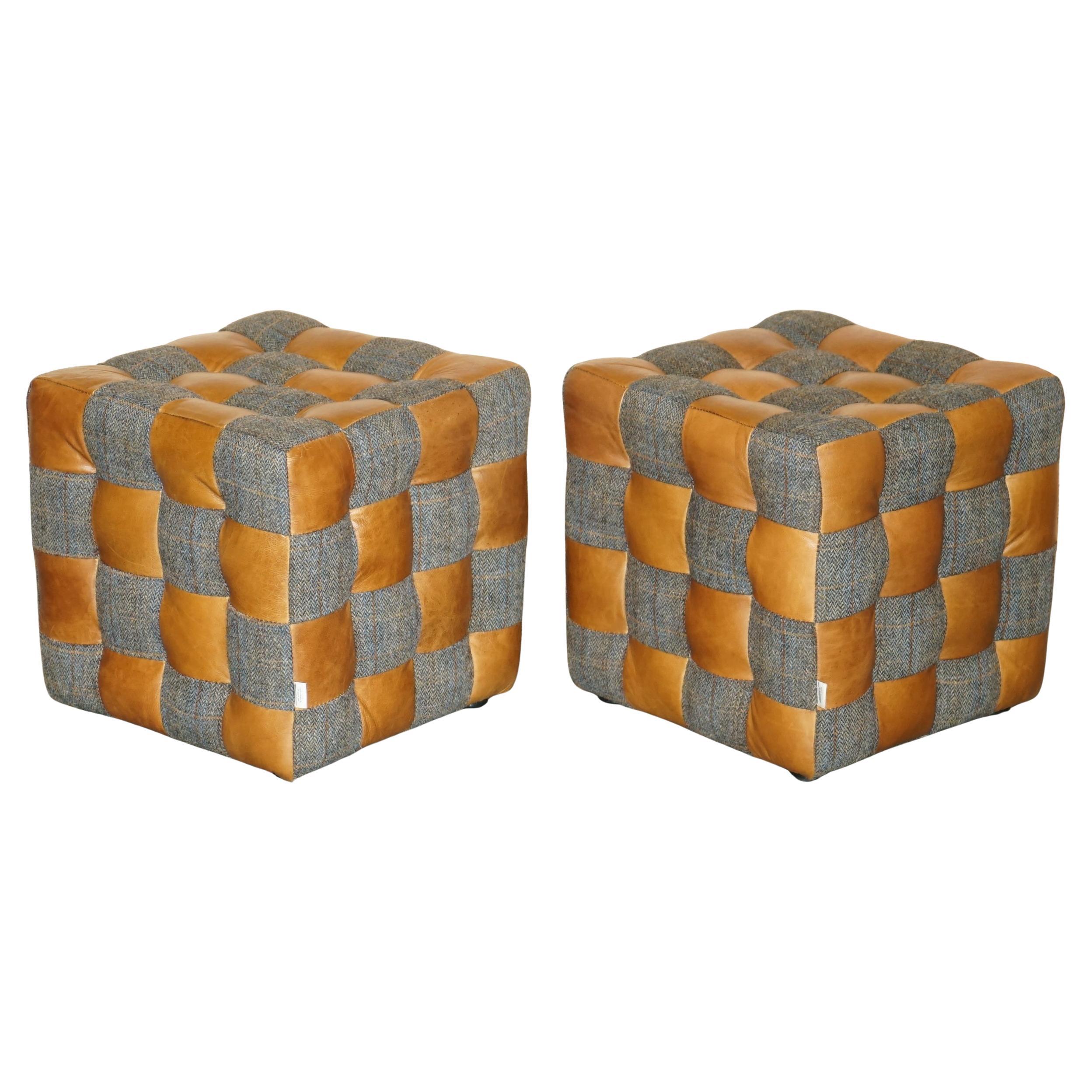 PAIR OF HARRIS TWEED BROWN LEATHER FOOTSTOOLS OR SiDE TABLES PART OF LARGE SUITE