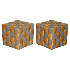 PAIR OF HARRIS TWEED BROWN LEATHER FOOTSTOOLS OR SiDE TABLES PART OF LARGE SUITE