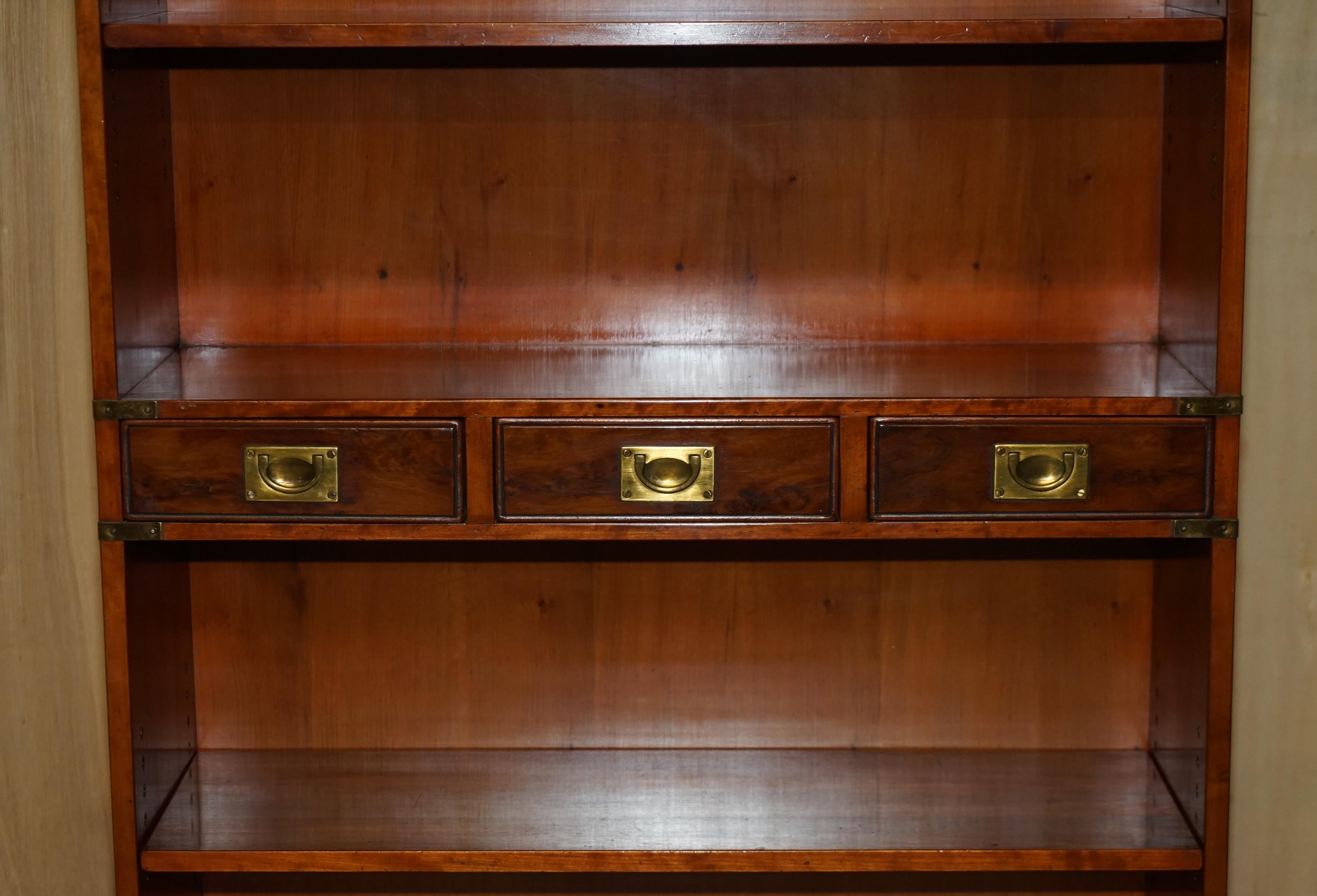 PAIR OF HARRODS KENNEDY 3 DRAWER BURR YEW WOOD BRASS MILITARY CAMPAIGN BOOKCASEs 7