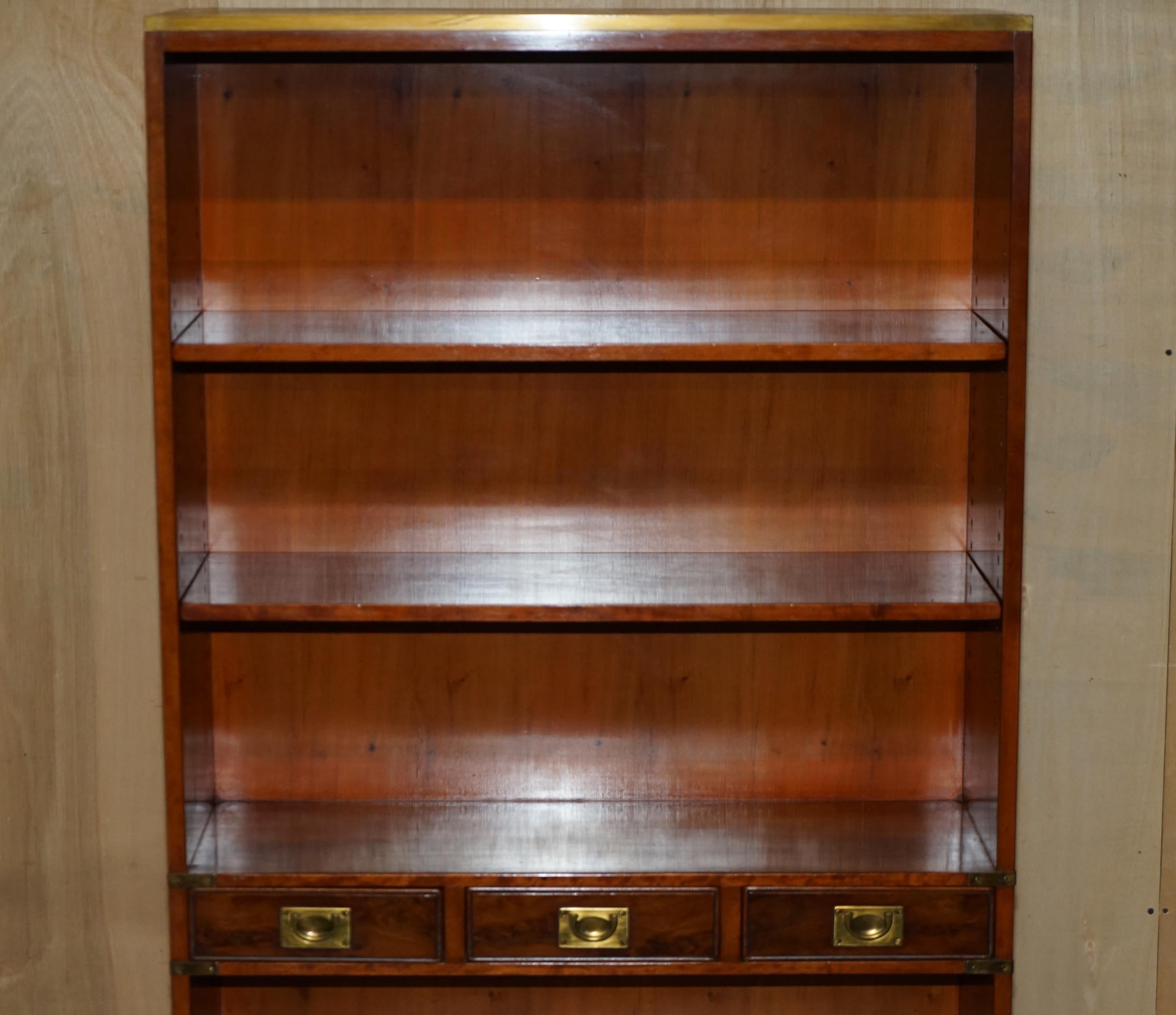 English PAIR OF HARRODS KENNEDY 3 DRAWER BURR YEW WOOD BRASS MILITARY CAMPAIGN BOOKCASEs