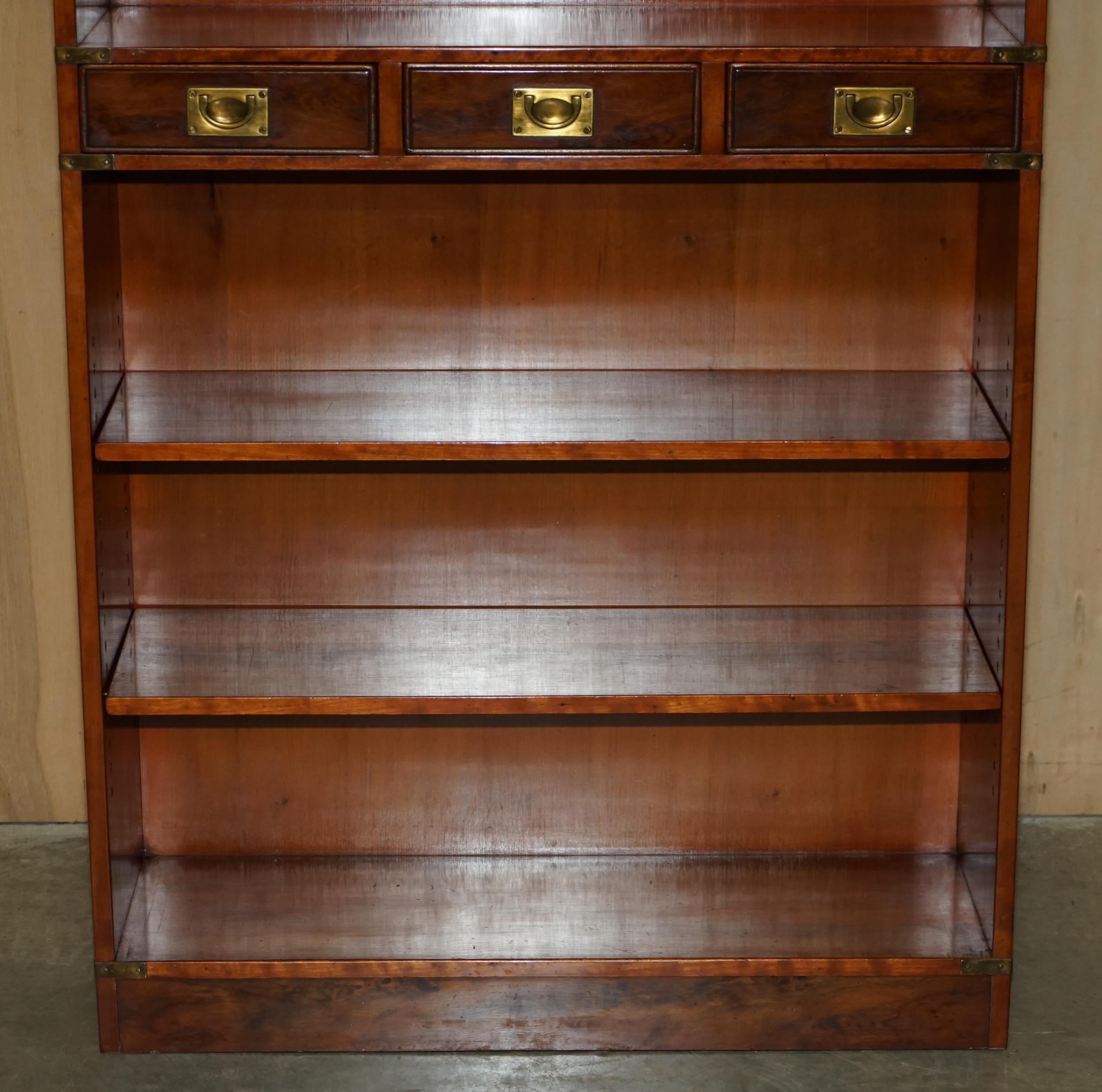 20th Century PAIR OF HARRODS KENNEDY 3 DRAWER BURR YEW WOOD BRASS MILITARY CAMPAIGN BOOKCASEs