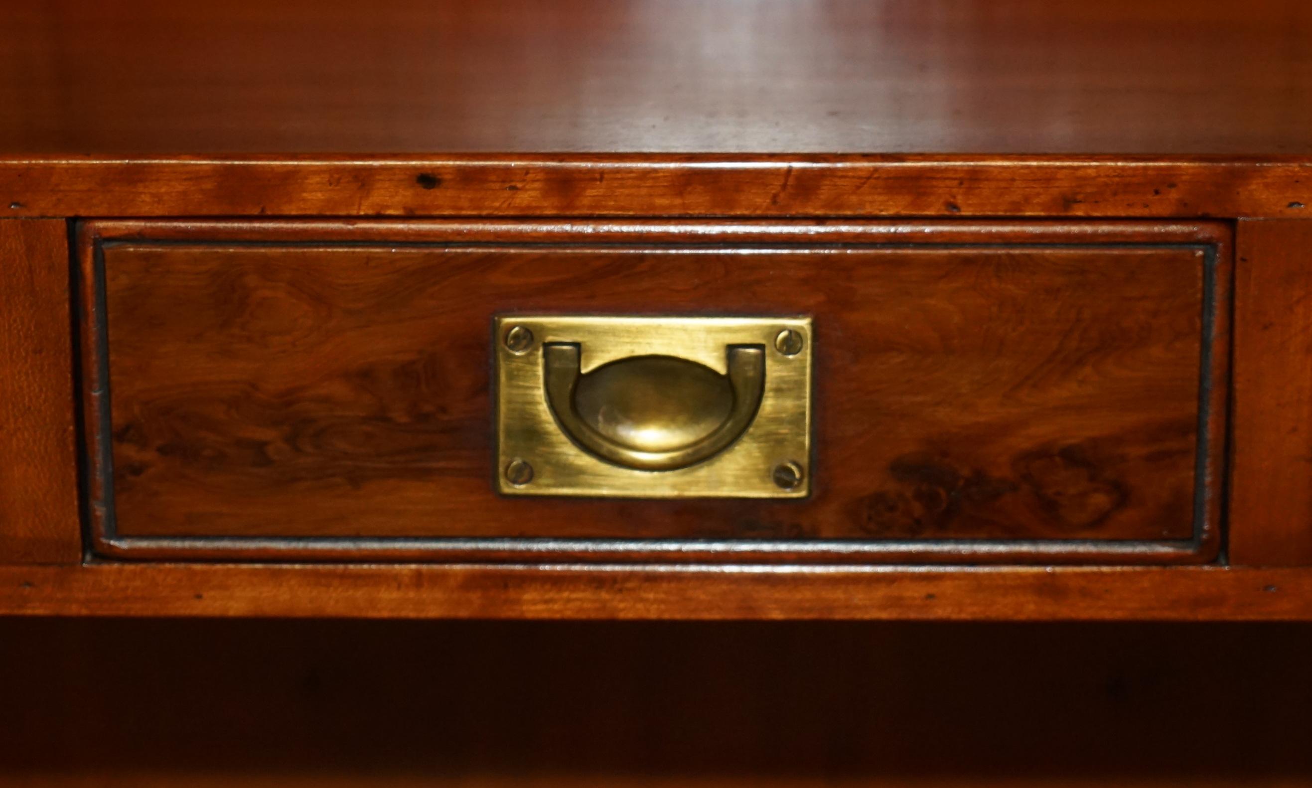 PAIR OF HARRODS KENNEDY 3 DRAWER BURR YEW WOOD BRASS MILITARY CAMPAIGN BOOKCASEs 2