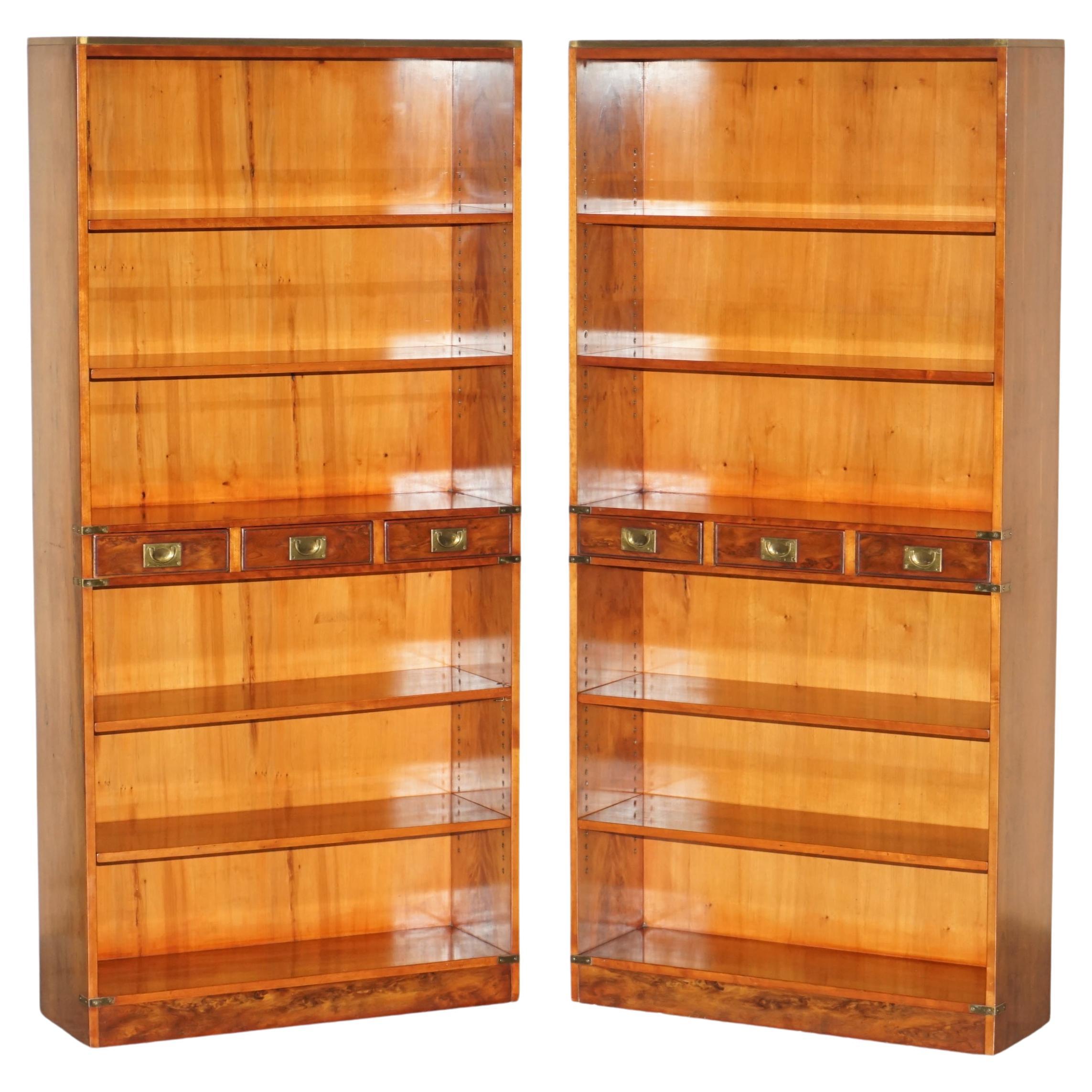 PAIR OF HARRODS KENNEDY 3 DRAWER BURR YEW WOOD BRASS MILITARY CAMPAIGN BOOKCASEs