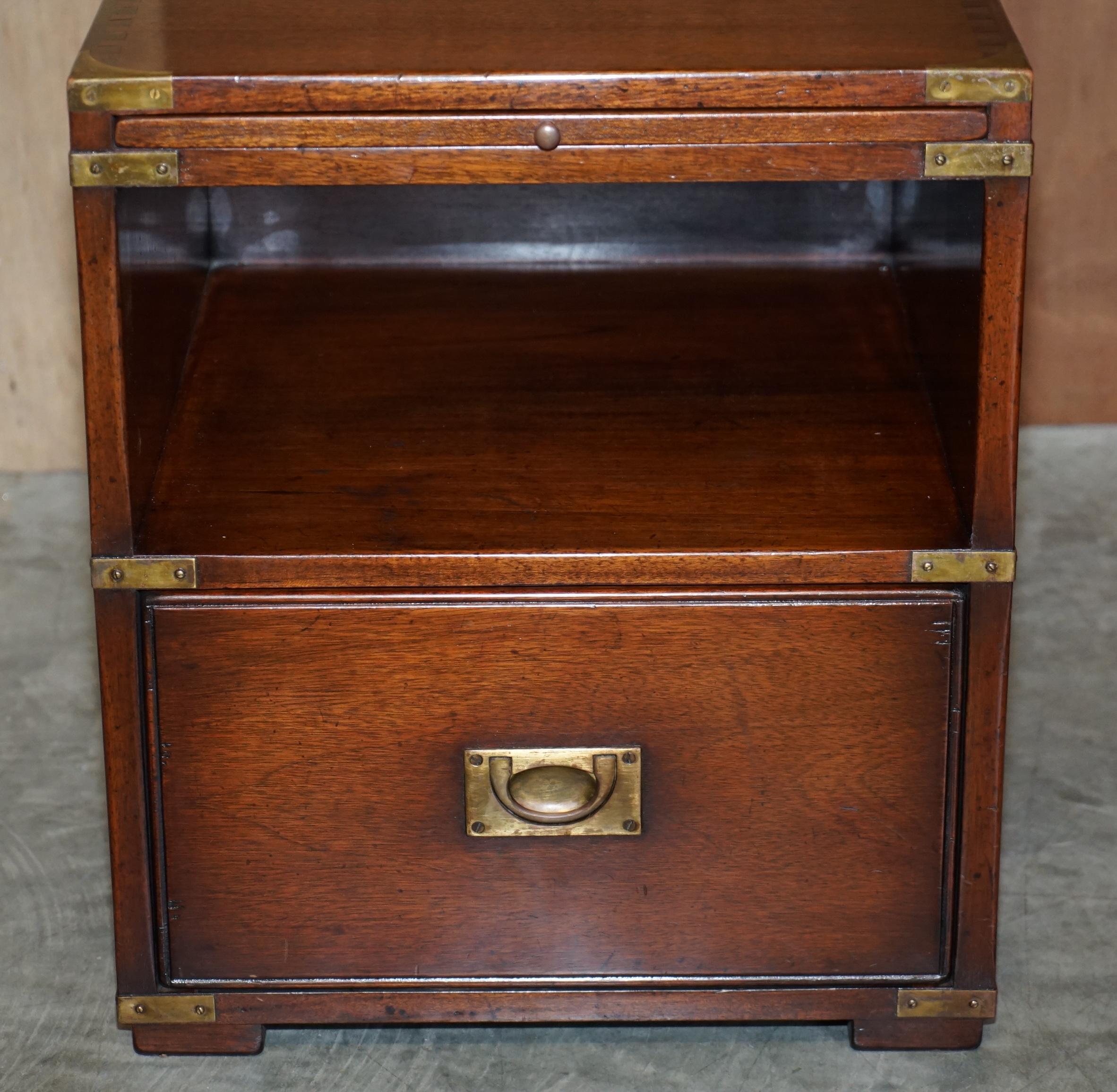 20th Century Pair of Harrods Kennedy Hardwood Campaign Bedside Lamp Wine End Table Drawers