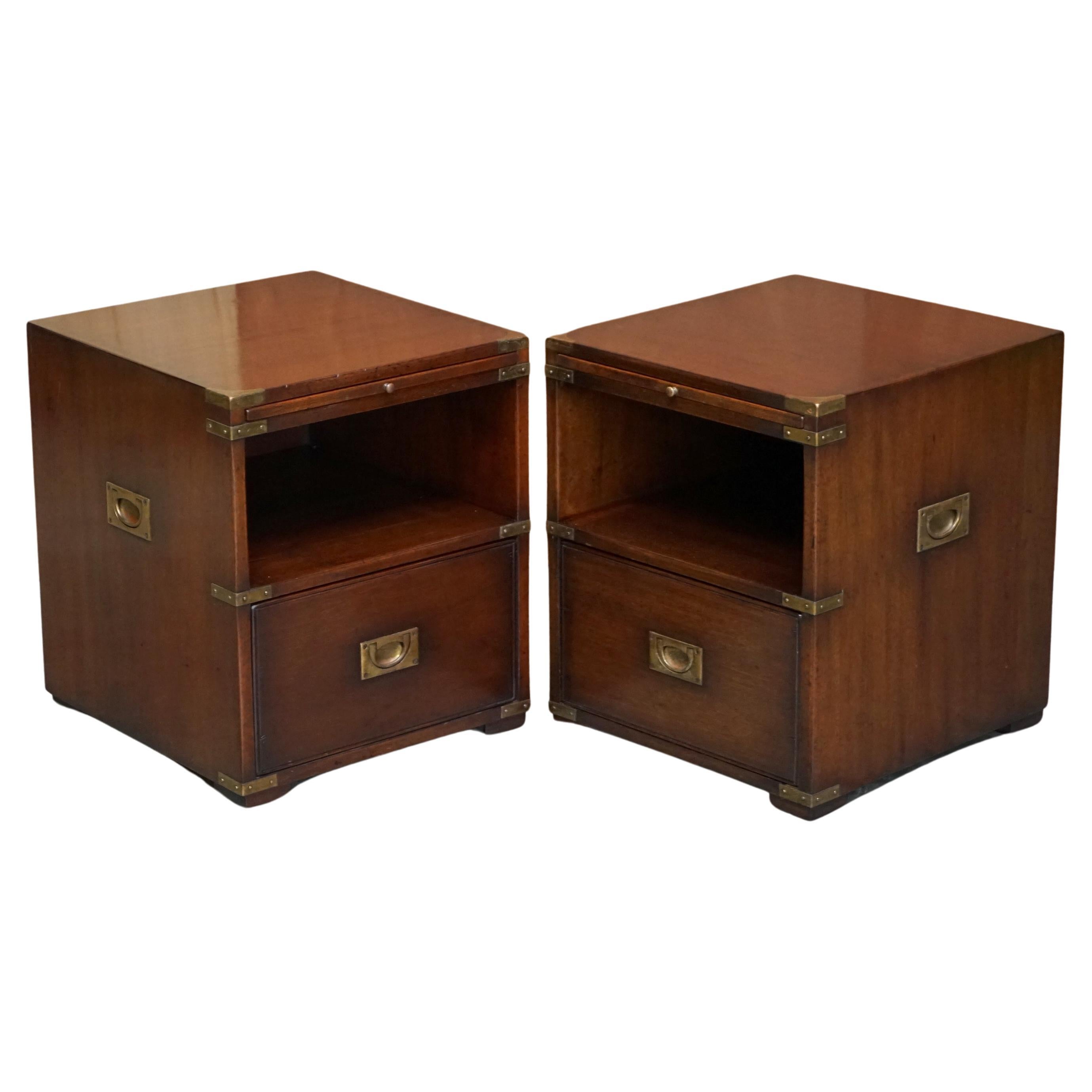 Pair of Harrods Kennedy Hardwood Campaign Bedside Lamp Wine End Table Drawers
