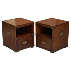 Pair of Harrods Kennedy Hardwood Campaign Bedside Lamp Wine End Table Drawers