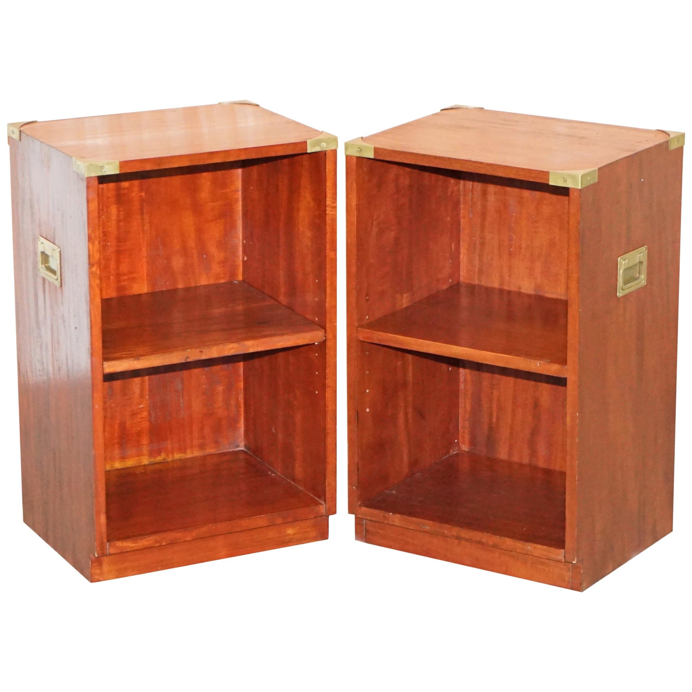 Pair of Harrods Kennedy Mahogany Military Campaign Side Table Bookcase Shelves