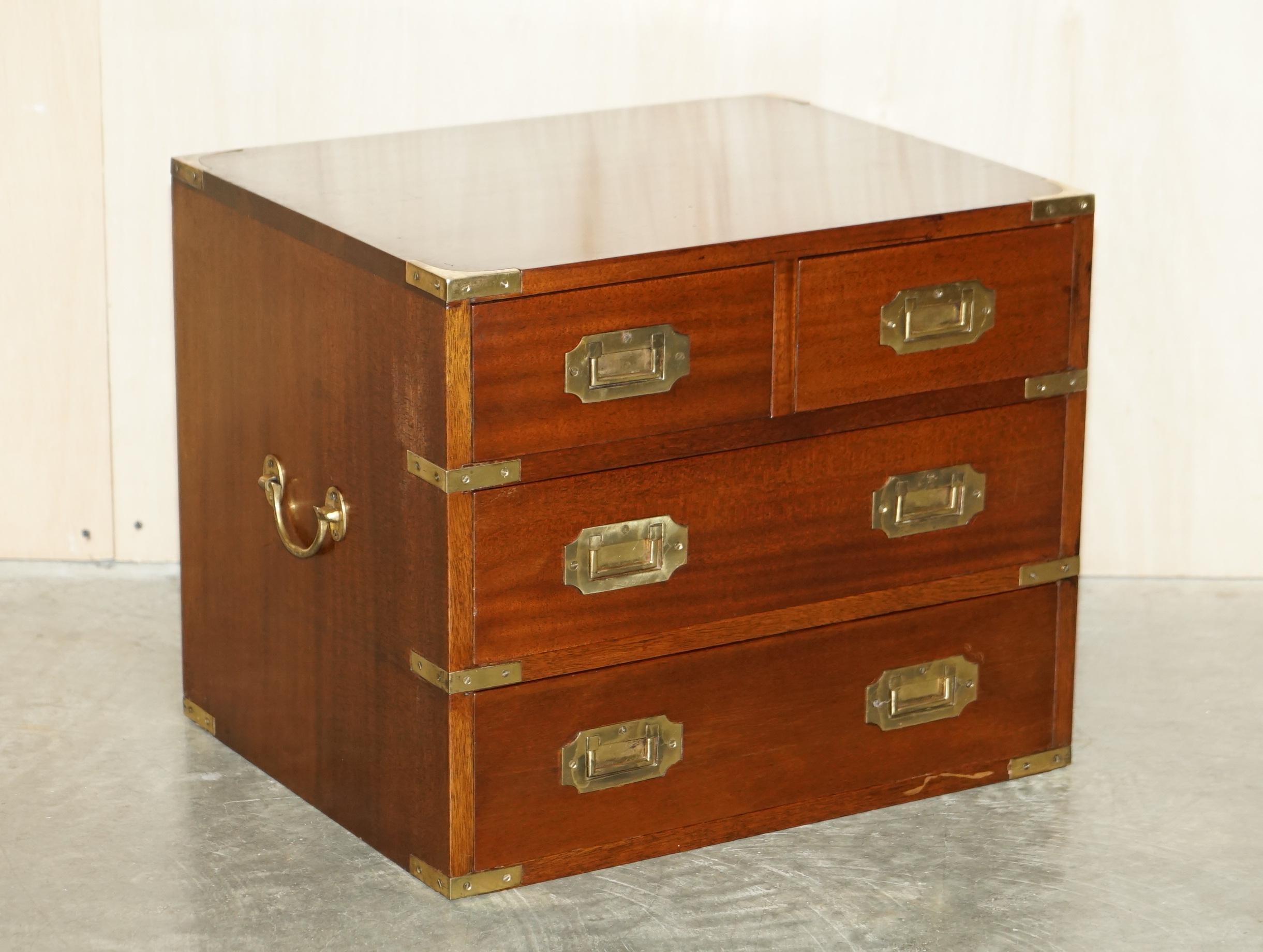 We are delighted to offer this sublime pair of vintage Harrods Kennedy Military Campaign side table sized chests of drawers

A truly stunning and well made pair by Kennedy Furniture and retailed through Harrods London

The condition is very