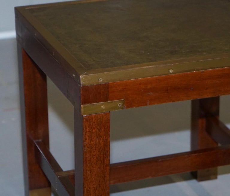 Pair of Harrods Kennedy Military Campaign Green Leather Top Side Lamp