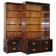 Pair of Harrods Kennedy Military Campaign Library Bookcases Drawers