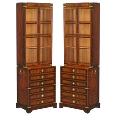 Pair of Harrods Kennedy Military Campaign Hardwood Bookcases + Chest of Drawers