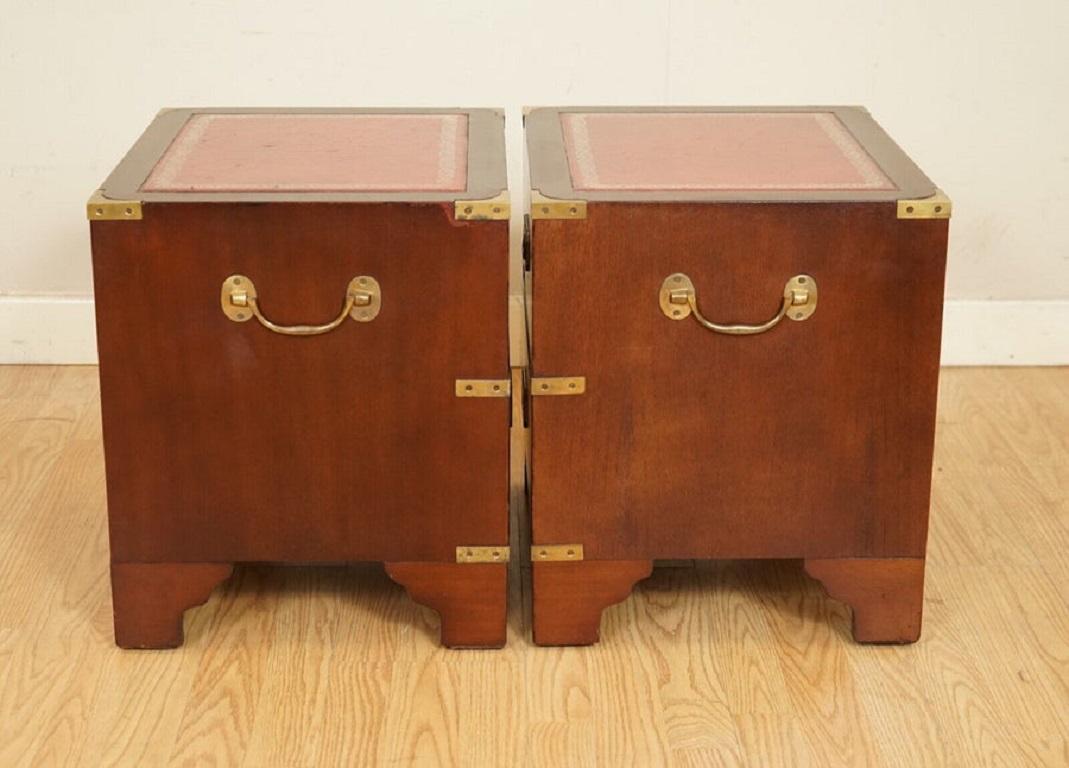 Pair of Harrods Kennedy Military Campaign Nightstands with Leather Top For Sale 1