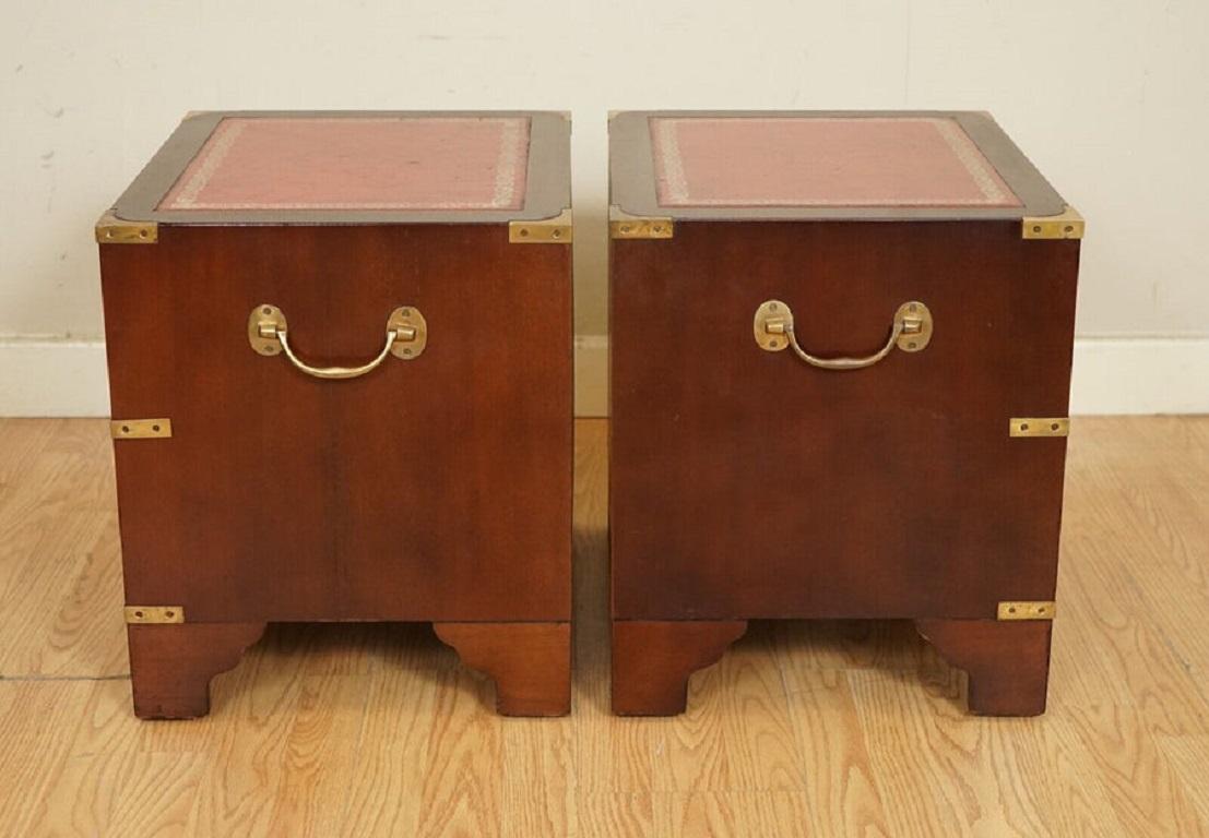 Pair of Harrods Kennedy Military Campaign Nightstands with Leather Top For Sale 2