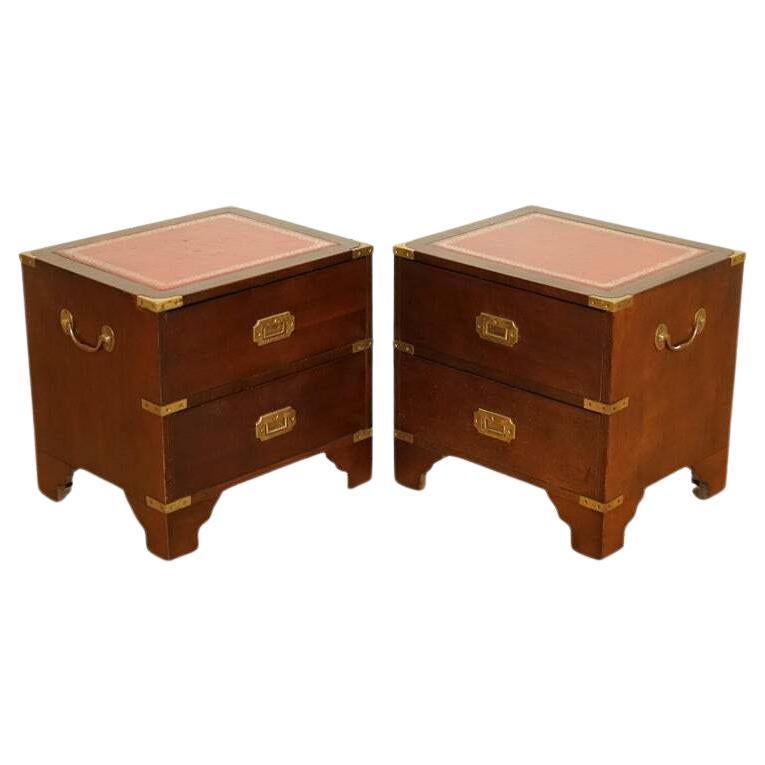 Pair of Harrods Kennedy Military Campaign Nightstands with Leather Top For Sale