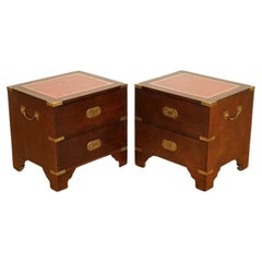Pair of Harrods Kennedy Military Campaign Nightstands with Leather Top
