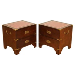 Used Pair of Harrods Kennedy Military Campaign Nightstands with Leather Top