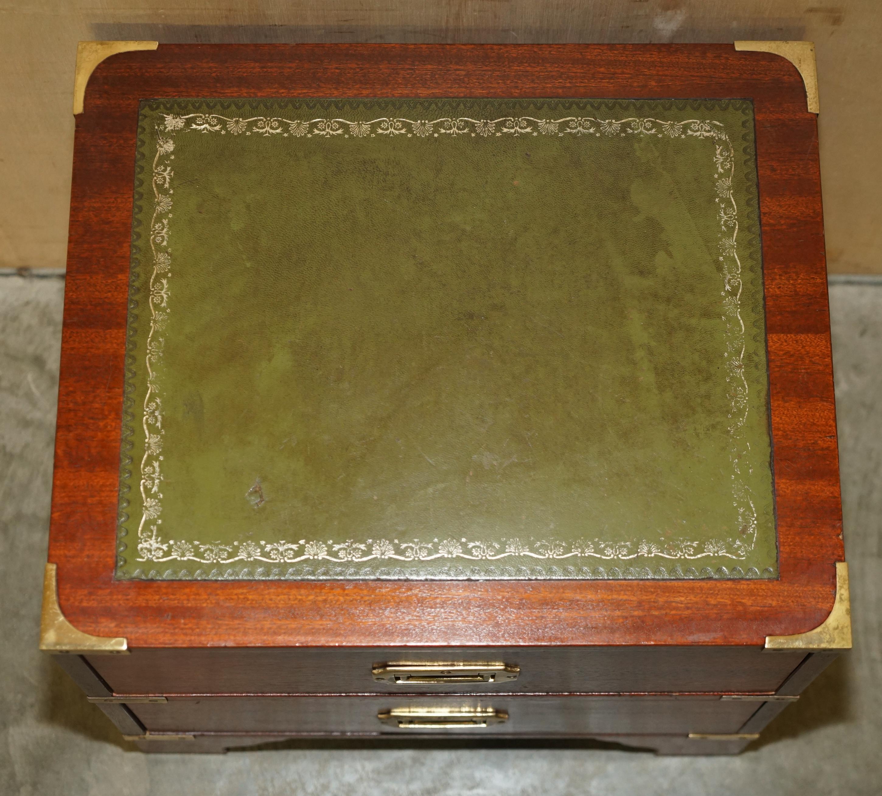Pair of Harrods Kennedy Military Campaign Side End Table Drawers Green Leather For Sale 4