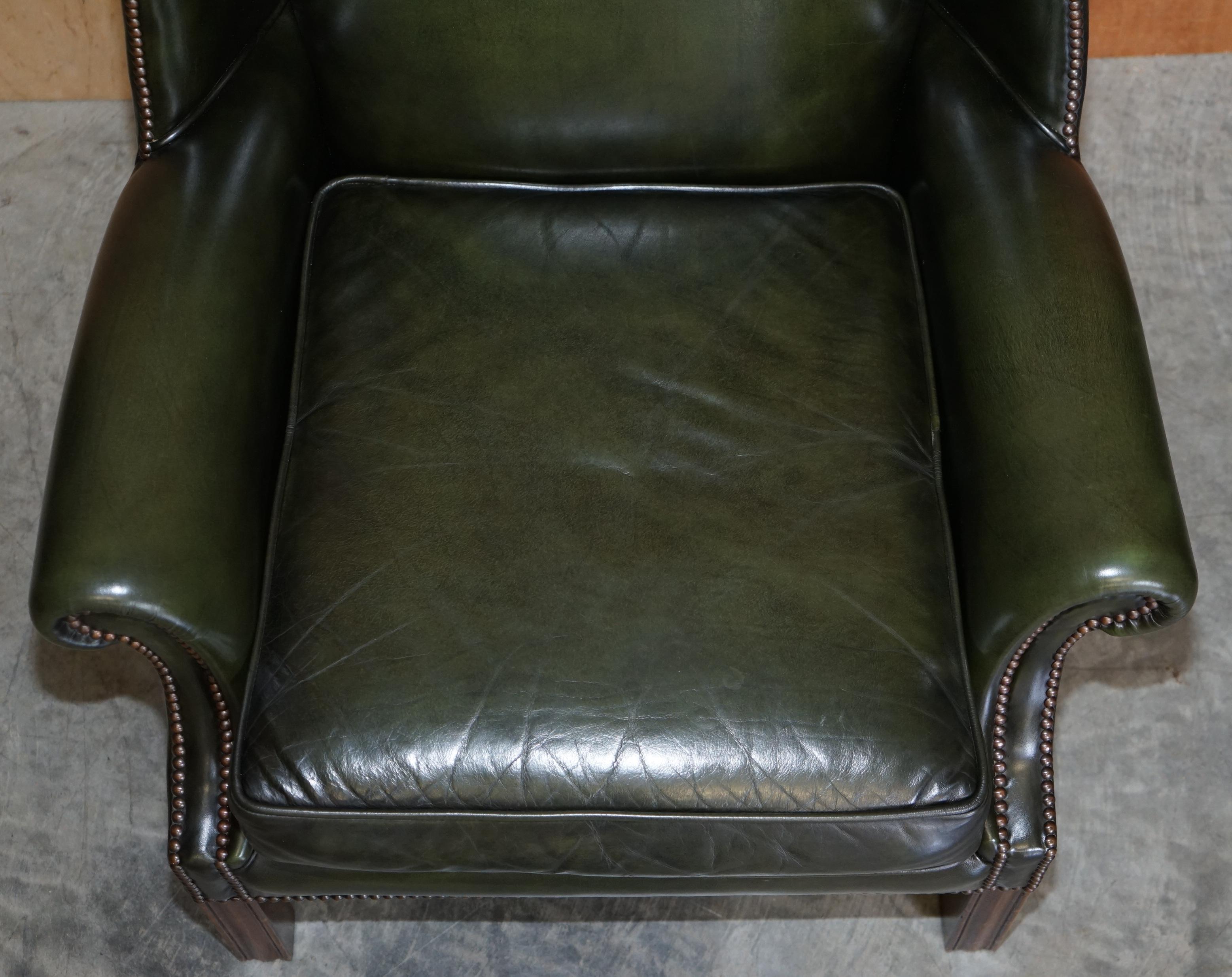 Hand-Crafted Pair of Harrods London 1987 Pegasus Regency Green Leather Wingback Armchairs
