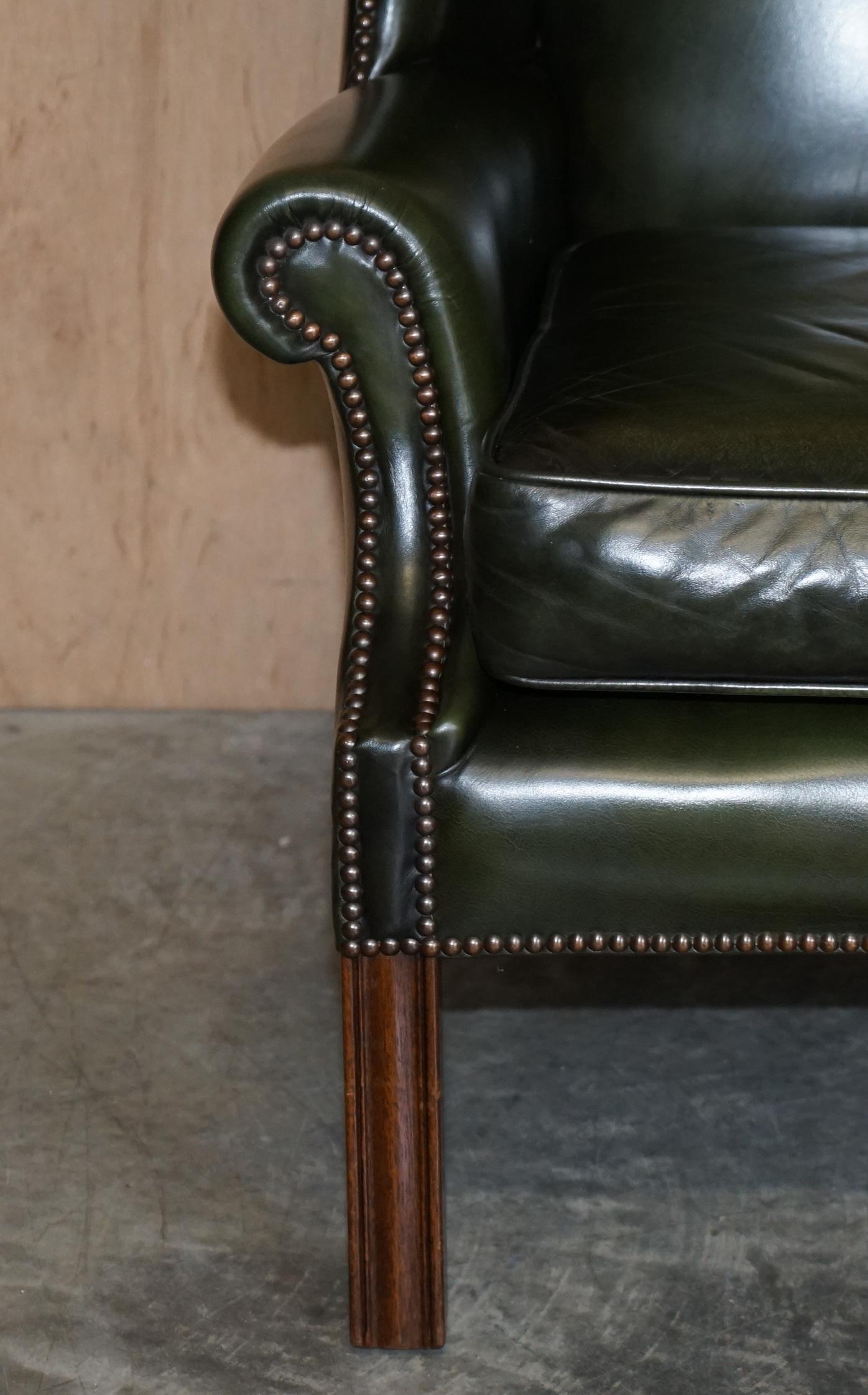 Late 20th Century Pair of Harrods London 1987 Pegasus Regency Green Leather Wingback Armchairs