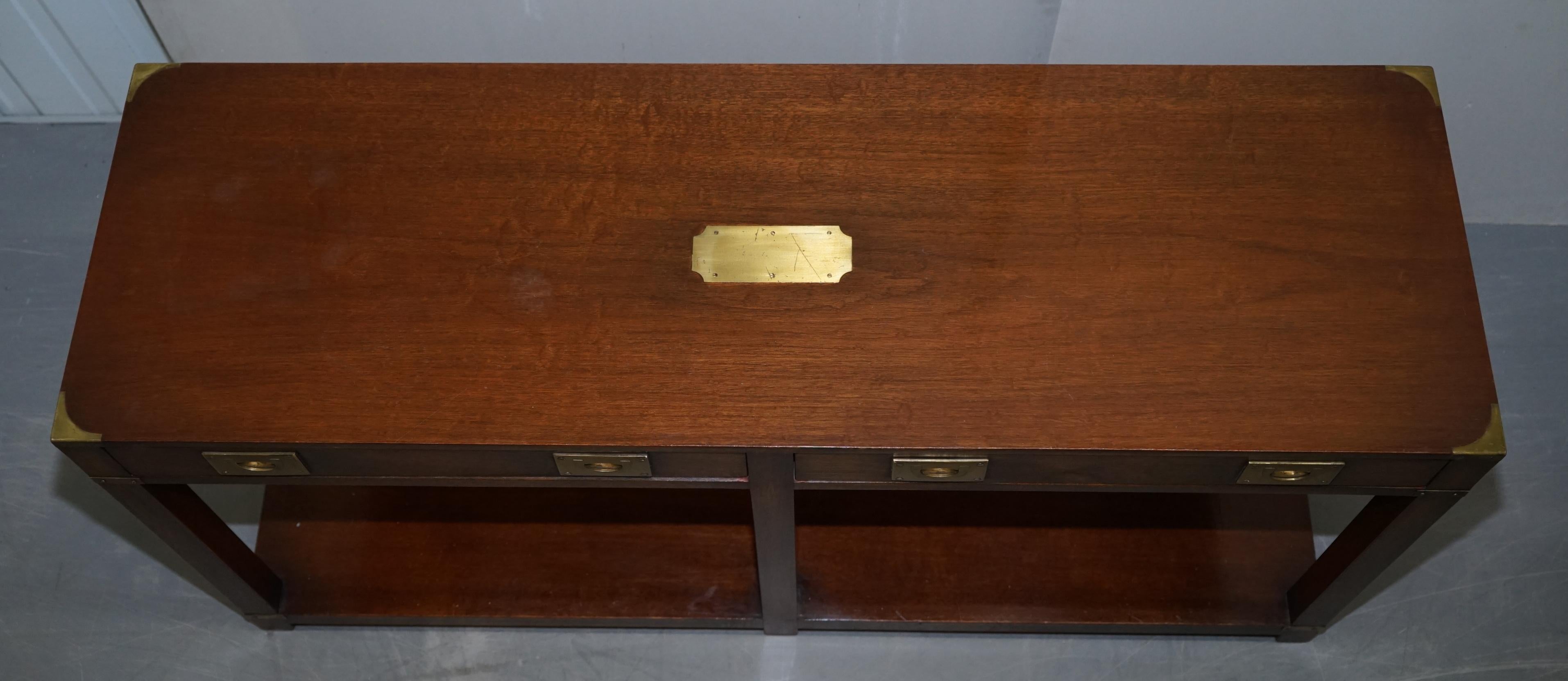 Hand-Crafted Pair of Harrods London Kennedy Military Campaign Console Tables with Drawers